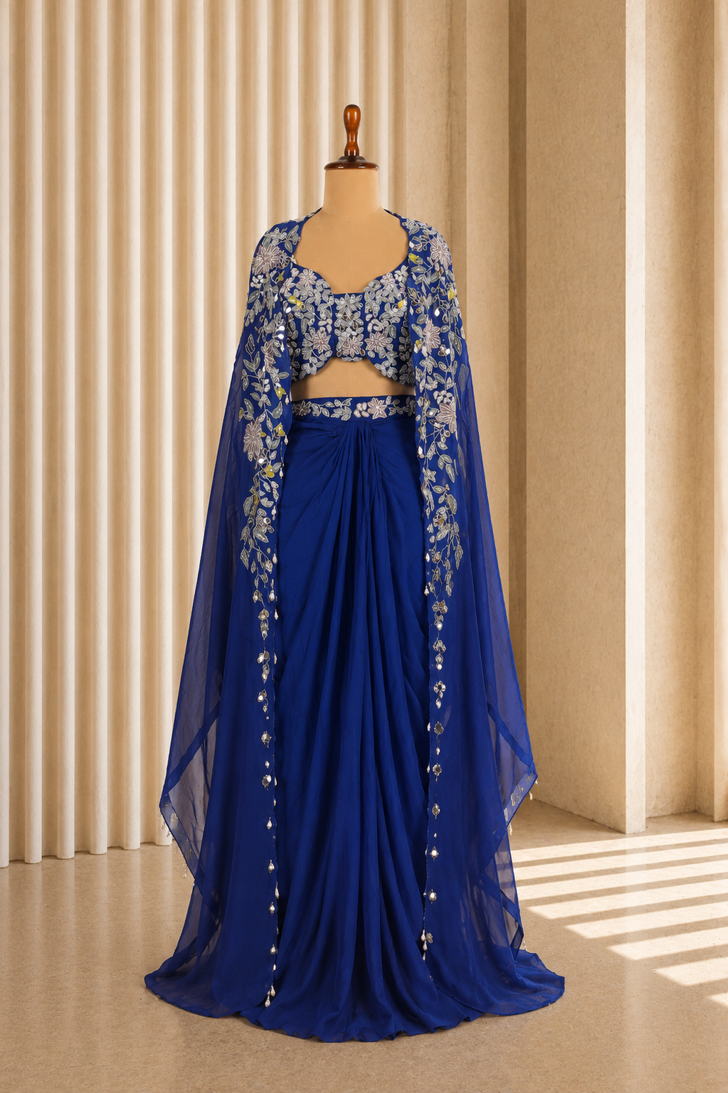 Perfect Royal Blue Organza Silk With Applique Work Jacket Style Suits