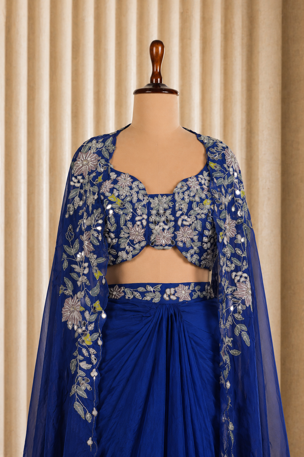 Perfect Royal Blue Organza Silk With Applique Work Jacket Style Suits