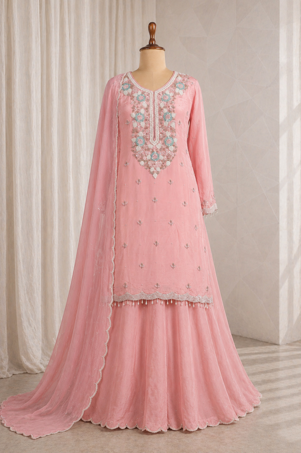 Chinon Silk With Pink Color N Zardozi Work Palazzo Suits