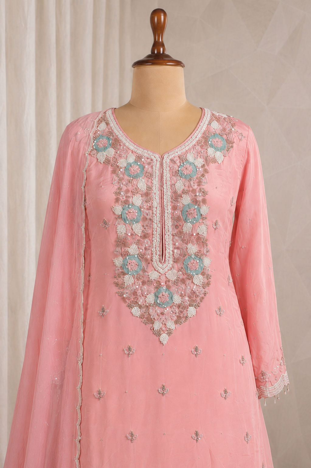 Chinon Silk With Pink Color N Zardozi Work Palazzo Suits