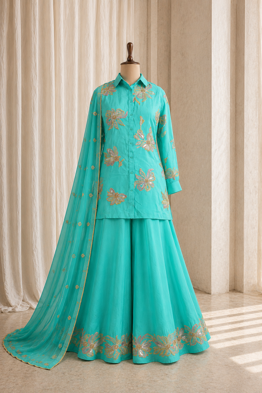 Captivating Crepe Silk With Aqua Color N Thread Work Palazzo Suits
