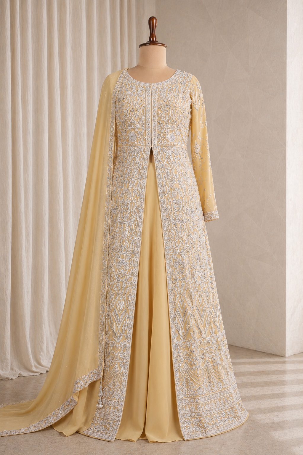 Breathtaking Georgette With Beige Color N Moti Work Jacket Style Suits