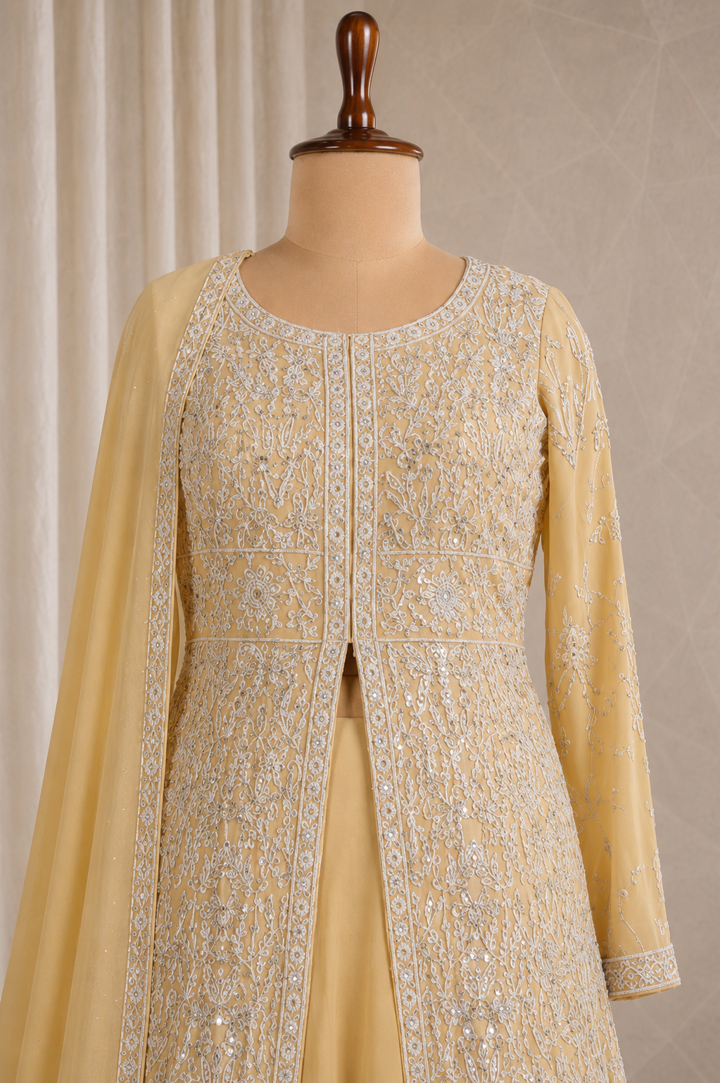 Breathtaking Georgette With Beige Color N Moti Work Jacket Style Suits
