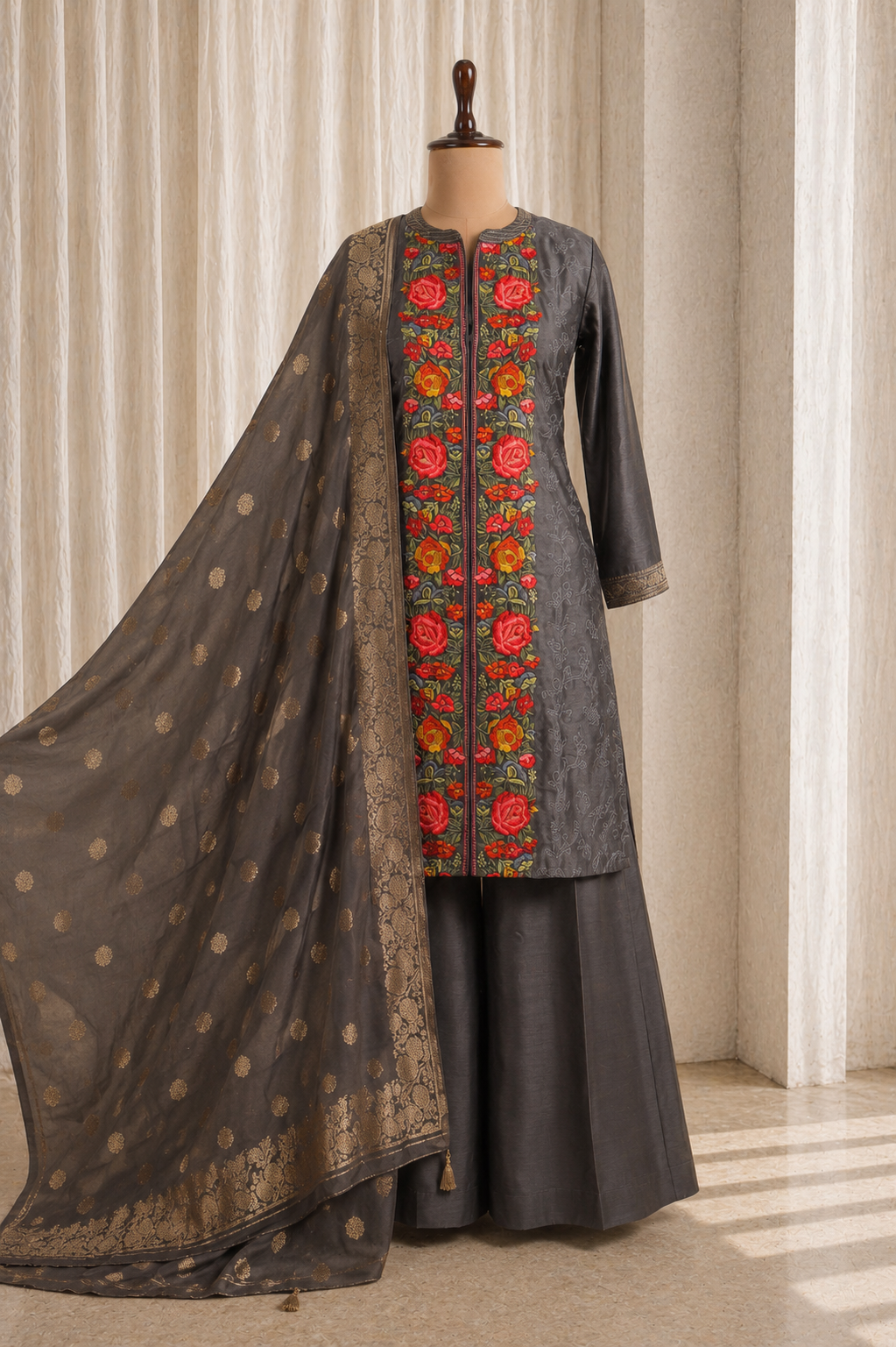 Brilliant Chanderi Silk With Grey Color N  Embroidered Work Suits