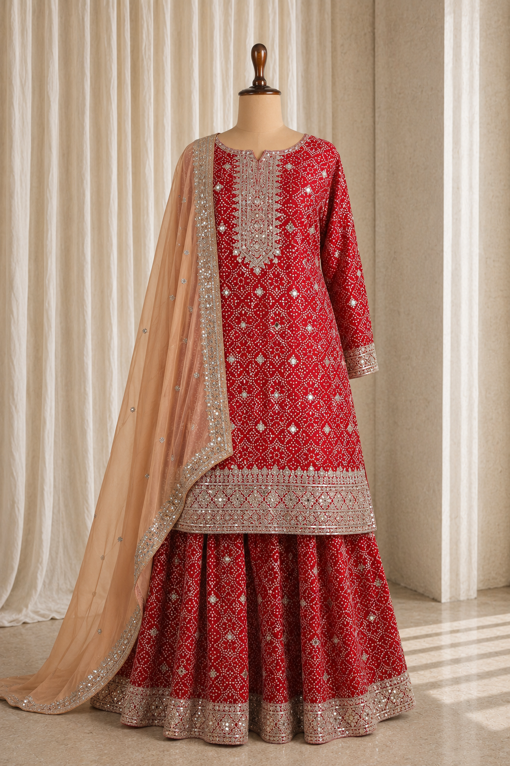Bandhej Print Maroon Color Taffeta Silk With Fancy Work Suits