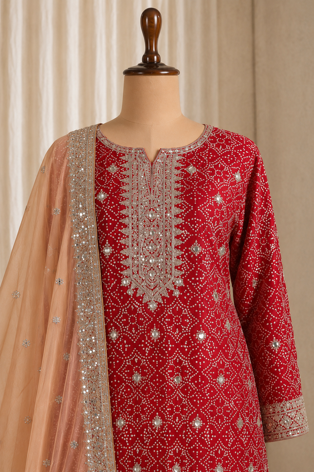 Bandhej Print Maroon Color Taffeta Silk With Fancy Work Suits