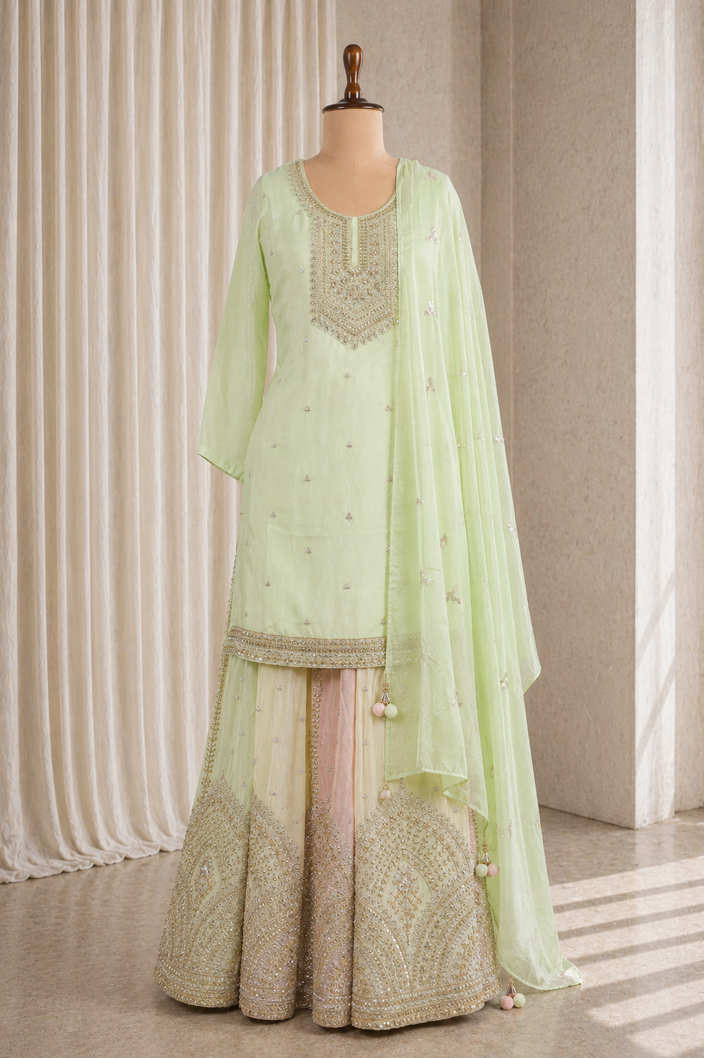 Gentle Lime Green Color Chinon Silk With Fancy Work Suits