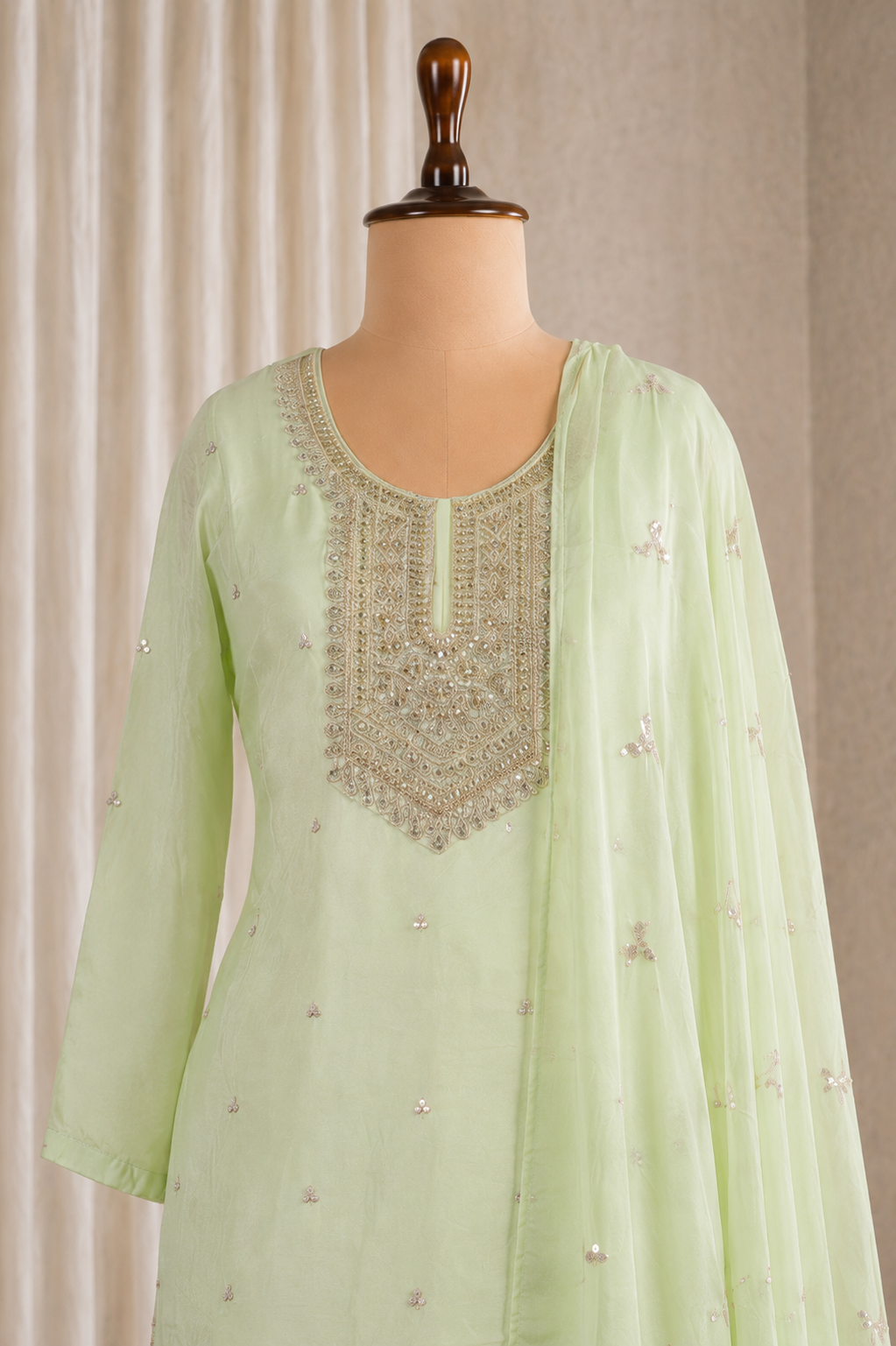 Gentle Lime Green Color Chinon Silk With Fancy Work Suits