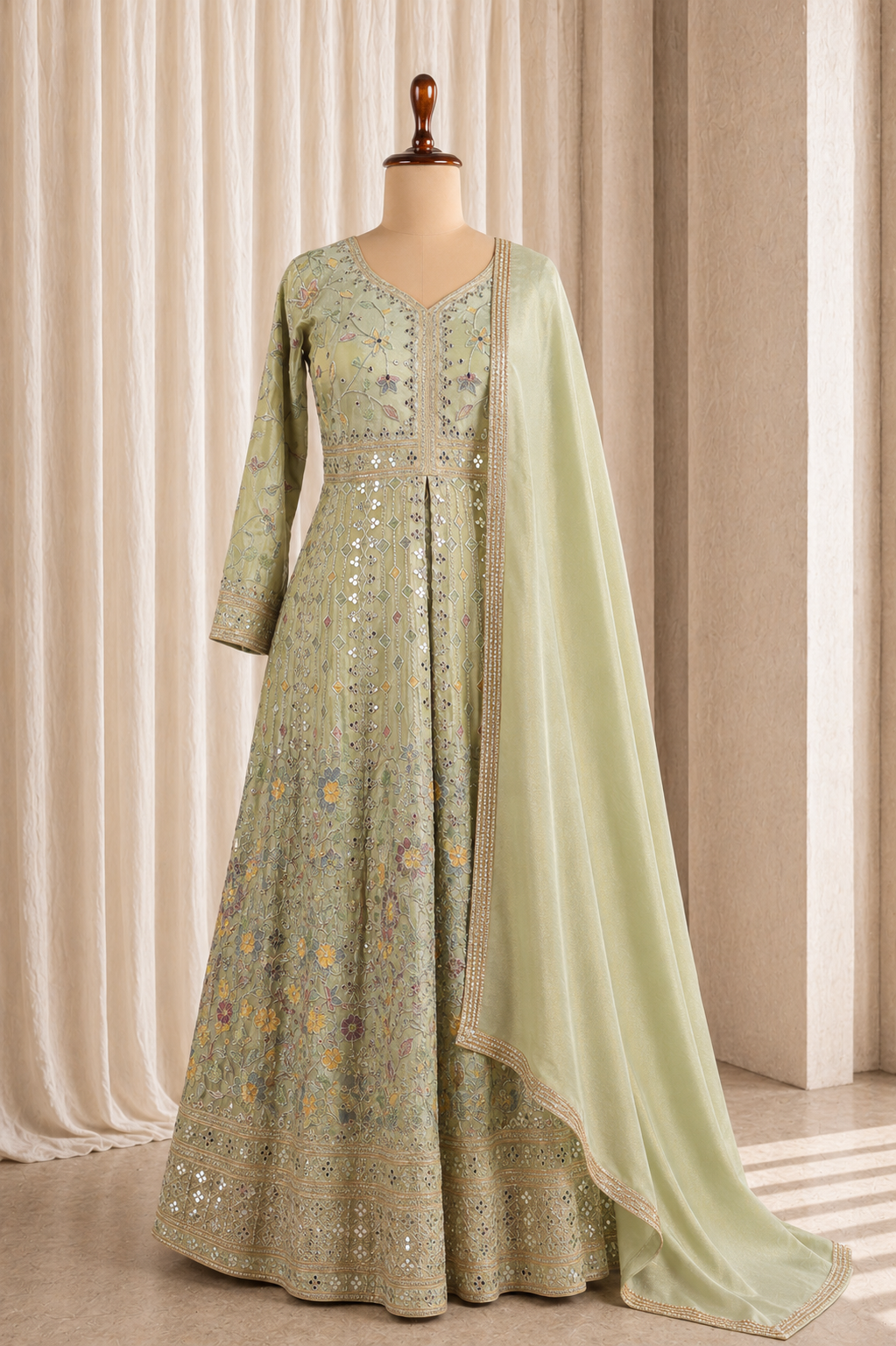 Fabulous Pista Green Color Tissue Silk With Kasab Work Floor Length Suits