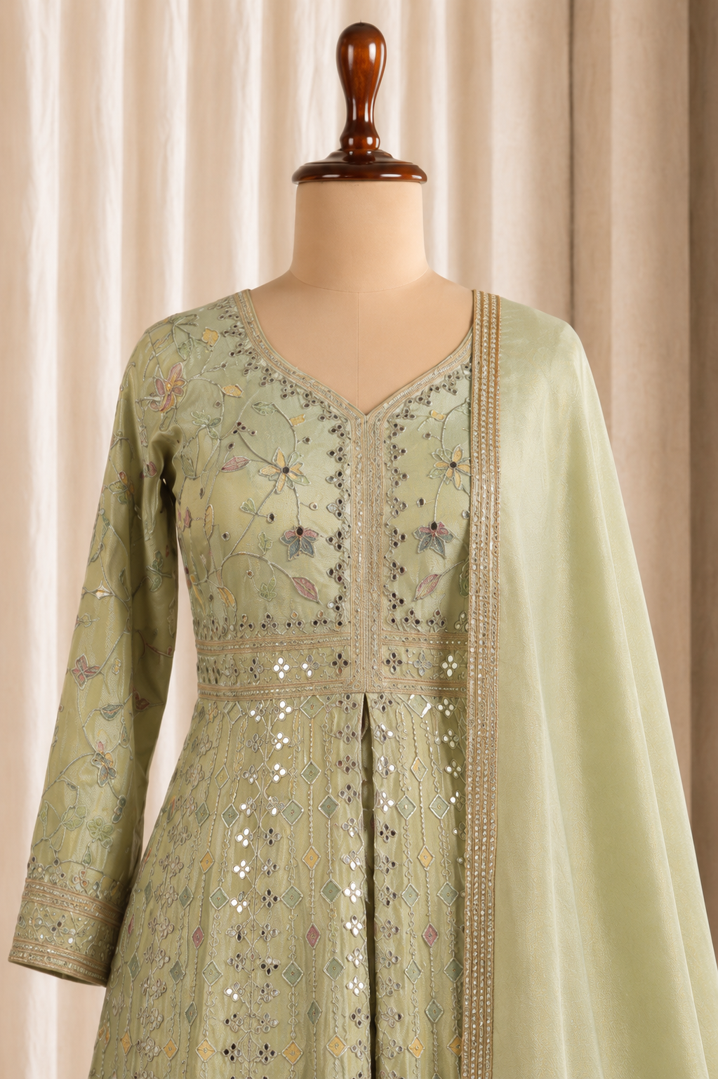 Fabulous Pista Green Color Tissue Silk With Kasab Work Floor Length Suits