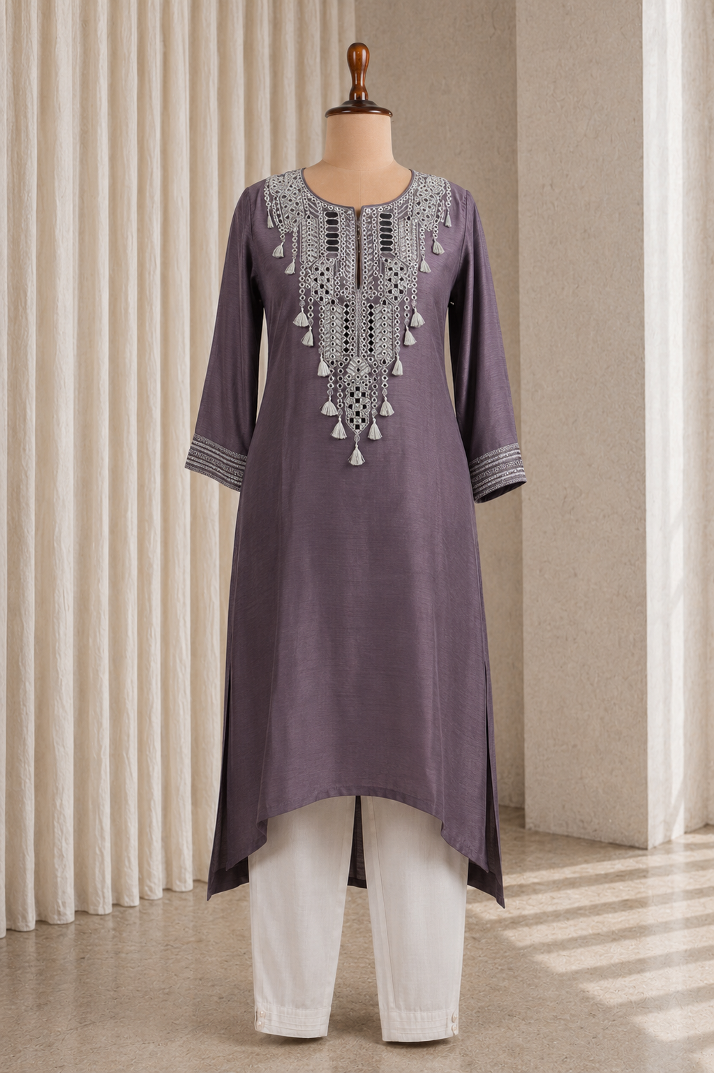 Elegant Gray Color Dupion Silk With Fancy Dori Work Pant Style Suits