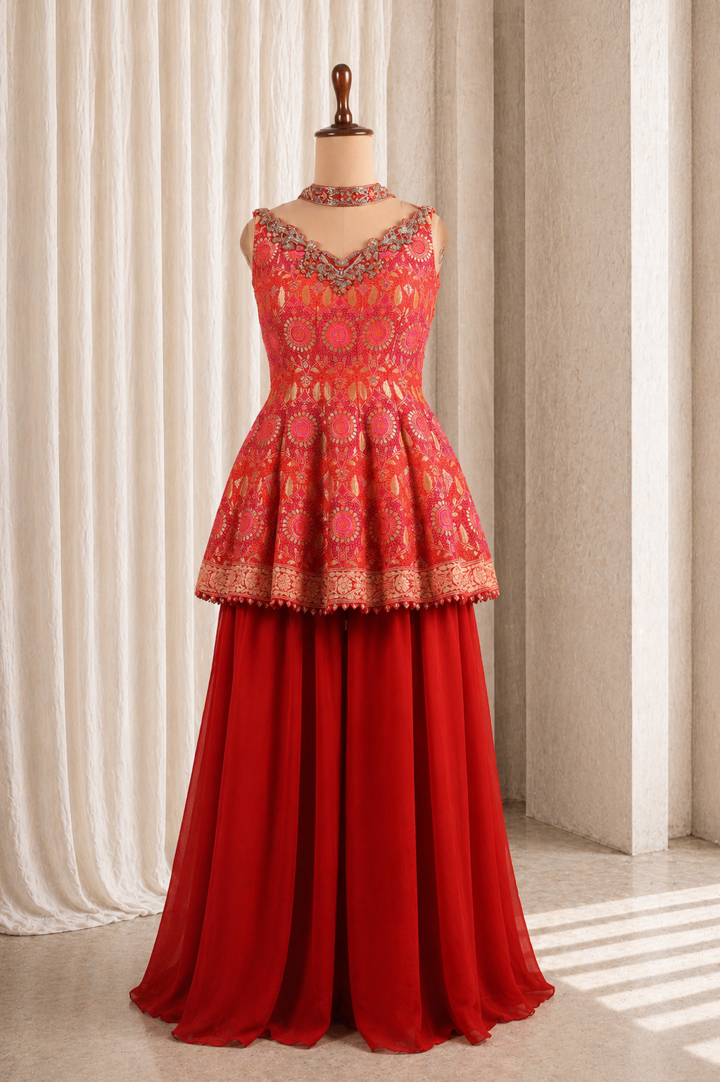 Classy Red Color Viscose Fabric With Zari Work Style Palazzo Suits