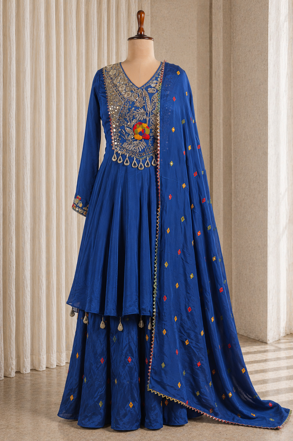 Classy Royal Blue Color Chinon Fabric With Hand Work Style Suits