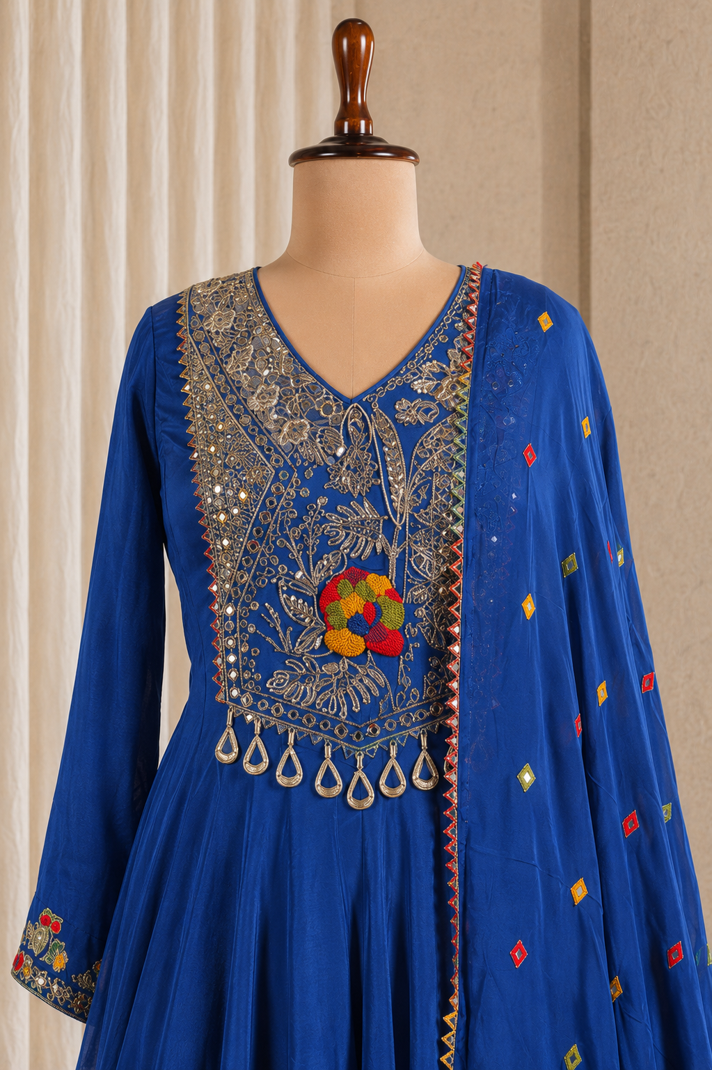 Classy Royal Blue Color Chinon Fabric With Hand Work Style Suits