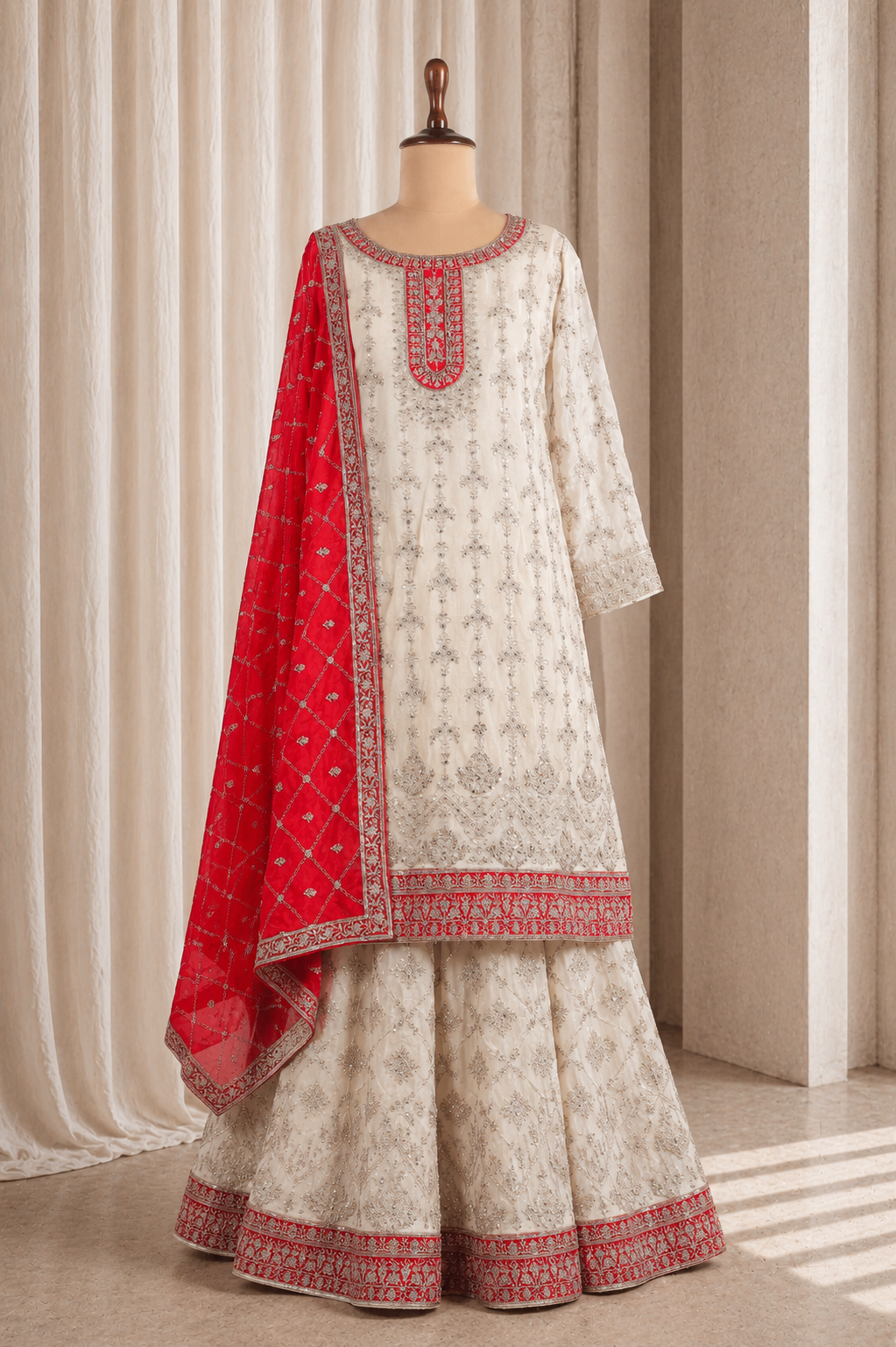 White N Red Festive Chiffon Fabric With Kasab Work Suits