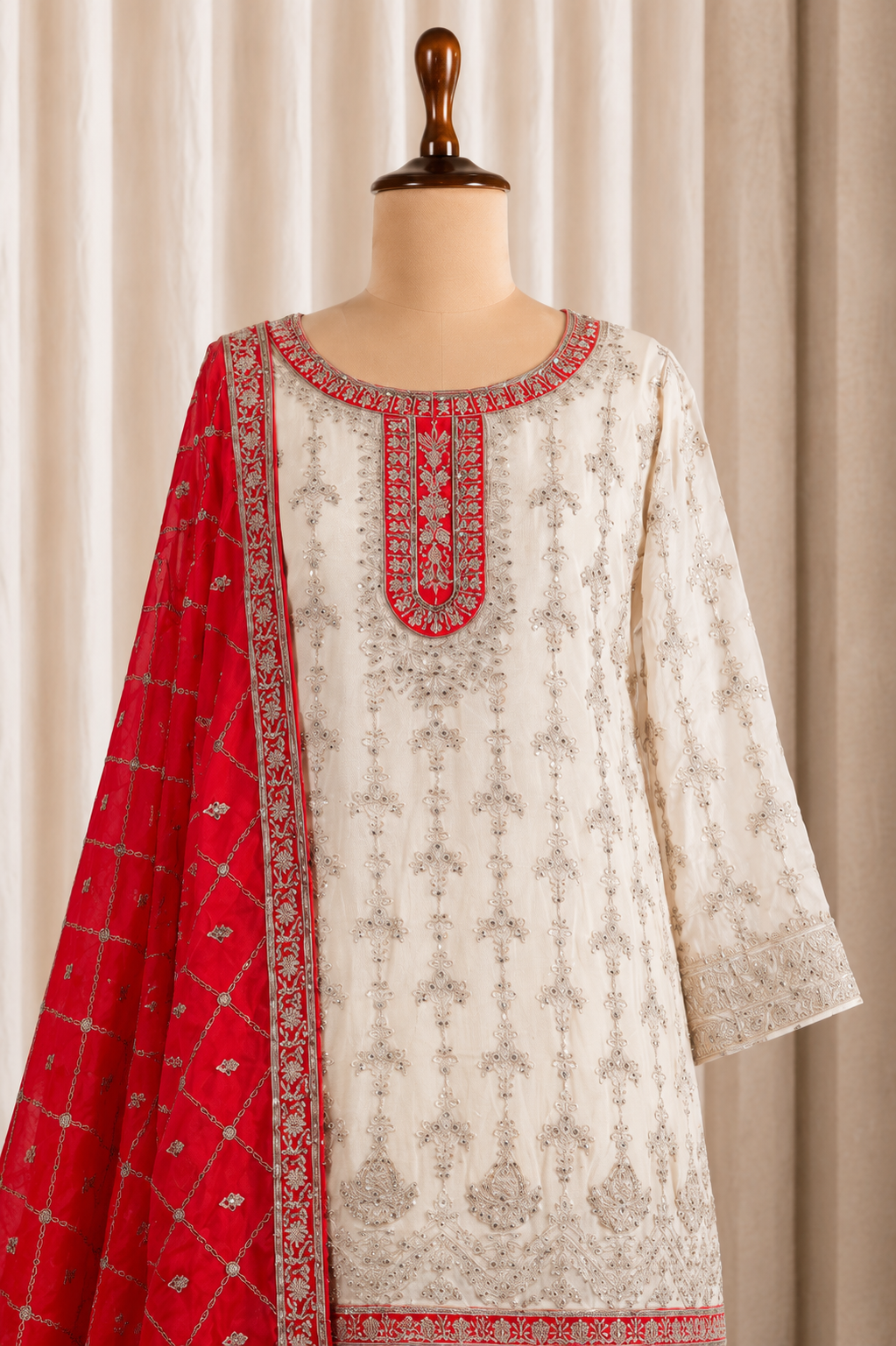 White N Red Festive Chiffon Fabric With Kasab Work Suits