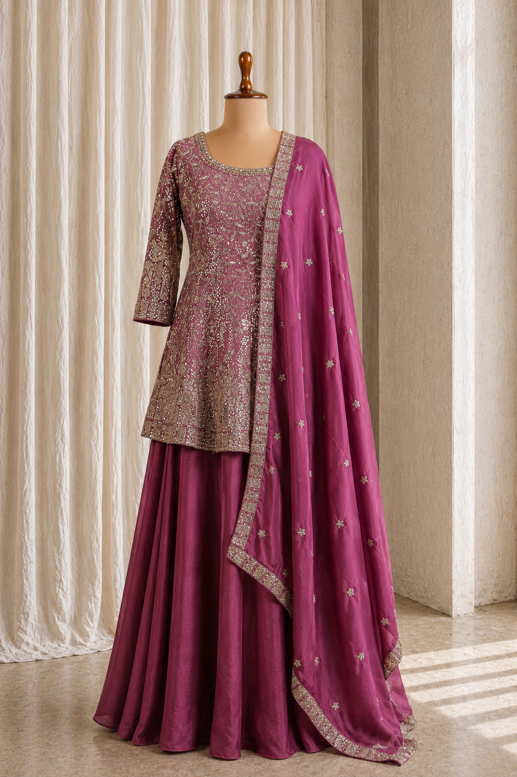 Elegant Chiffon Fabric With Purple Color N Kasab Work Suits