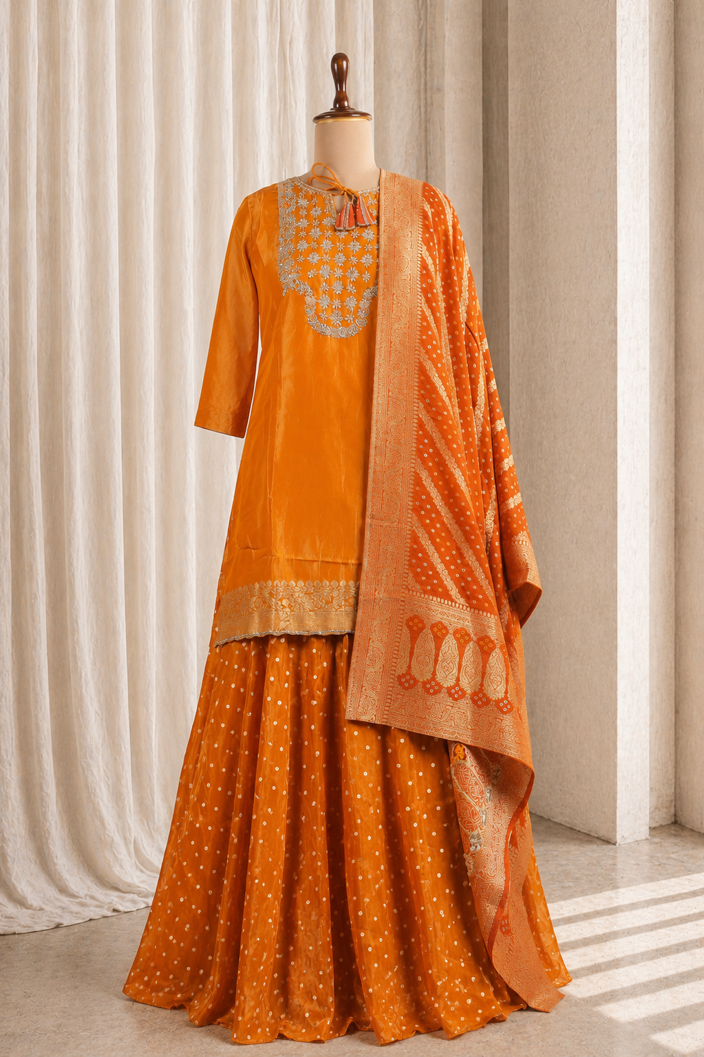 Divine Shimmer Fabric Zardozi Work With Rust Color