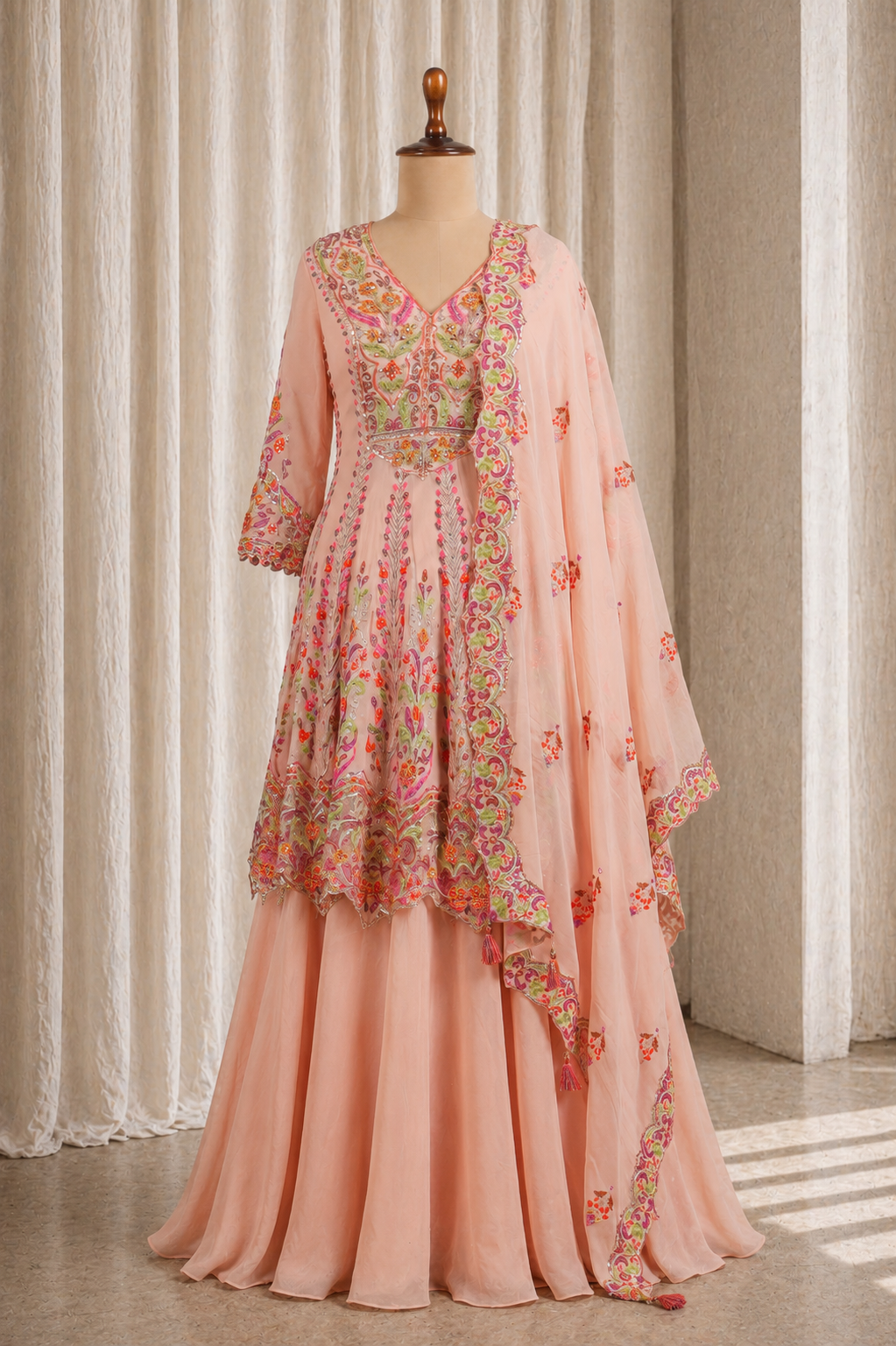Fabulous Foux Georgette Pink Color Thread Work Style Palazzo Suits