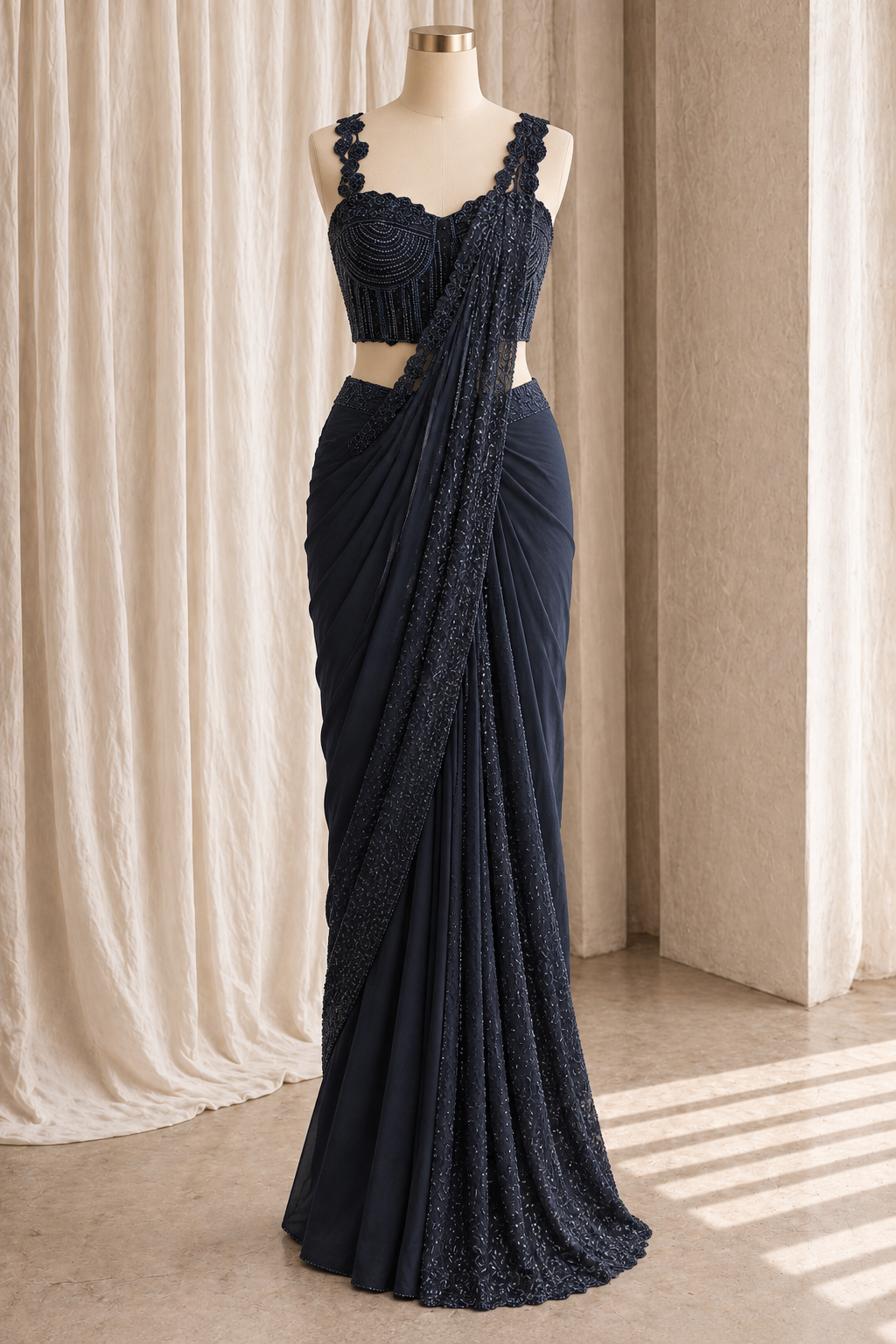Charming Satin Chiffon Fabric and Navy Blue Color With Cut Moti Work Ready Choli Saree