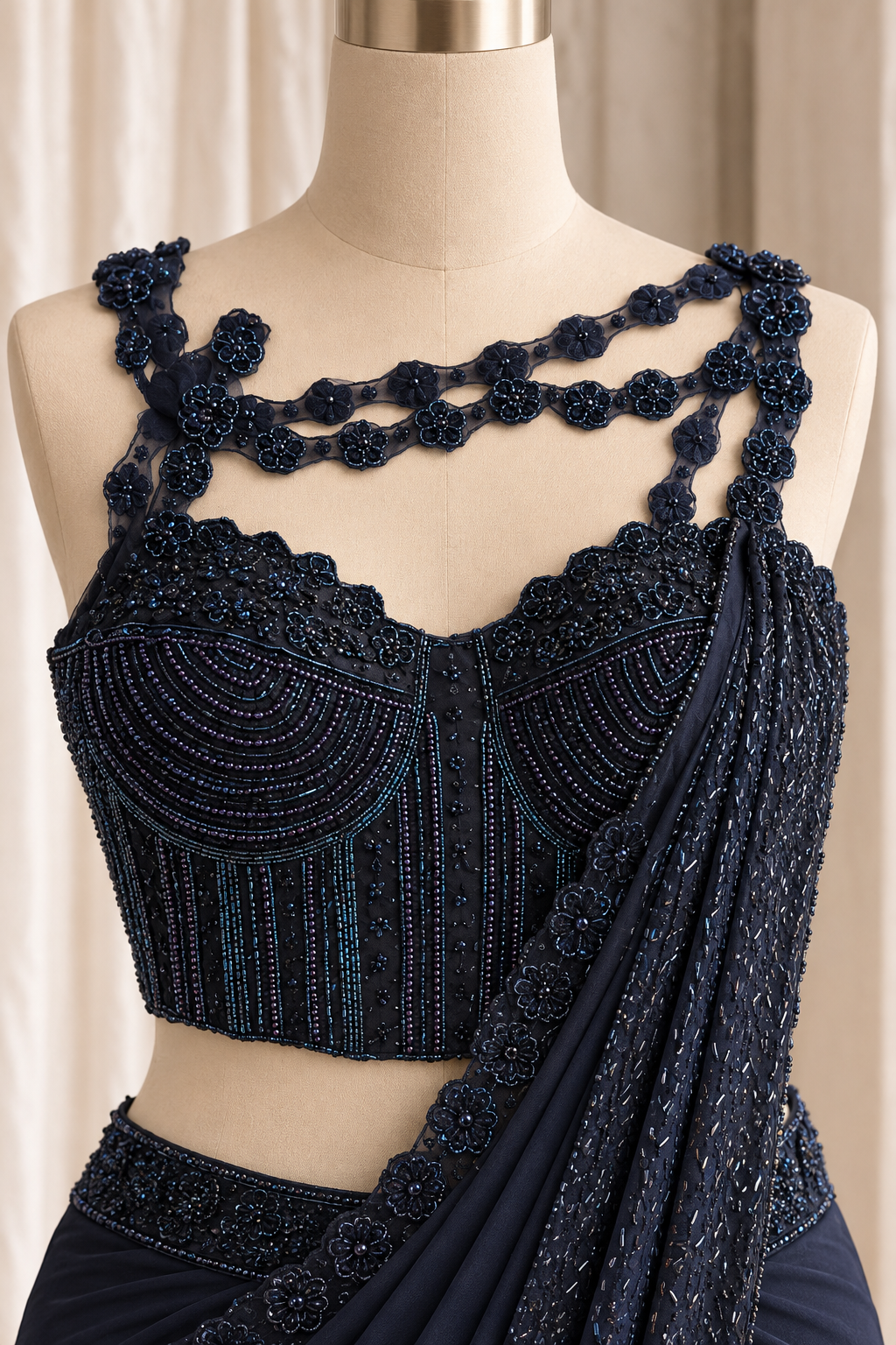 Charming Satin Chiffon Fabric and Navy Blue Color With Cut Moti Work Ready Choli Saree