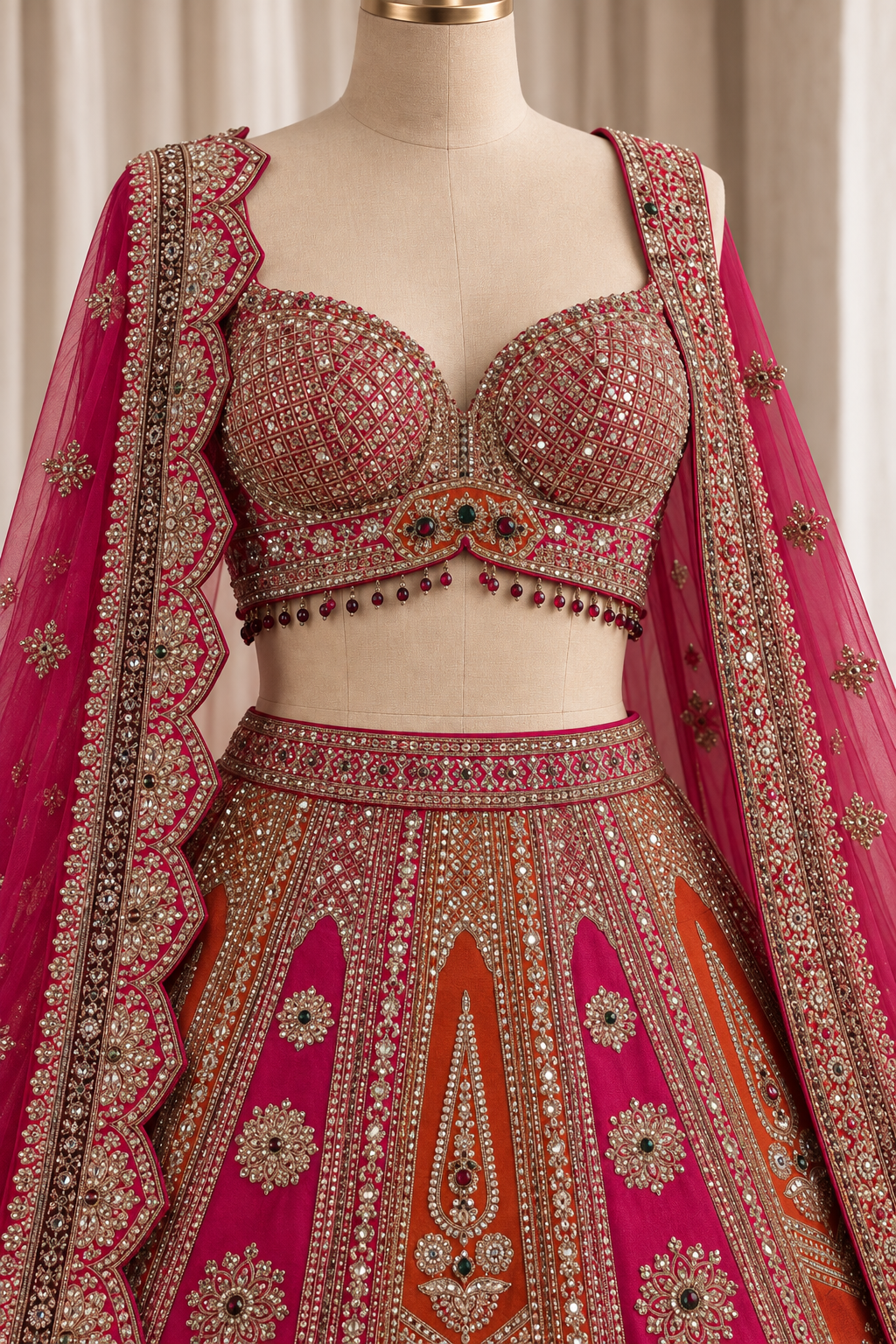 Marvelous Dupion Silk Fabric and Red & Rani Color With Zari Work Lehenga Choli