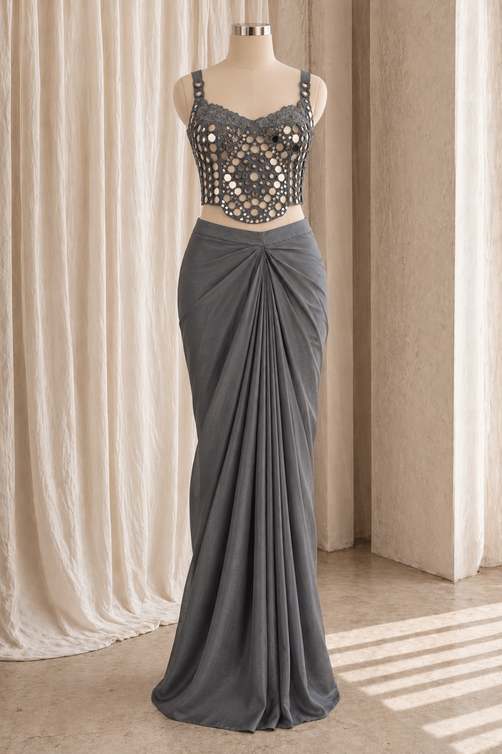 Stunning Satin Chiffon Fabric and Grey Color With Mirror Work Ready Choli Saree