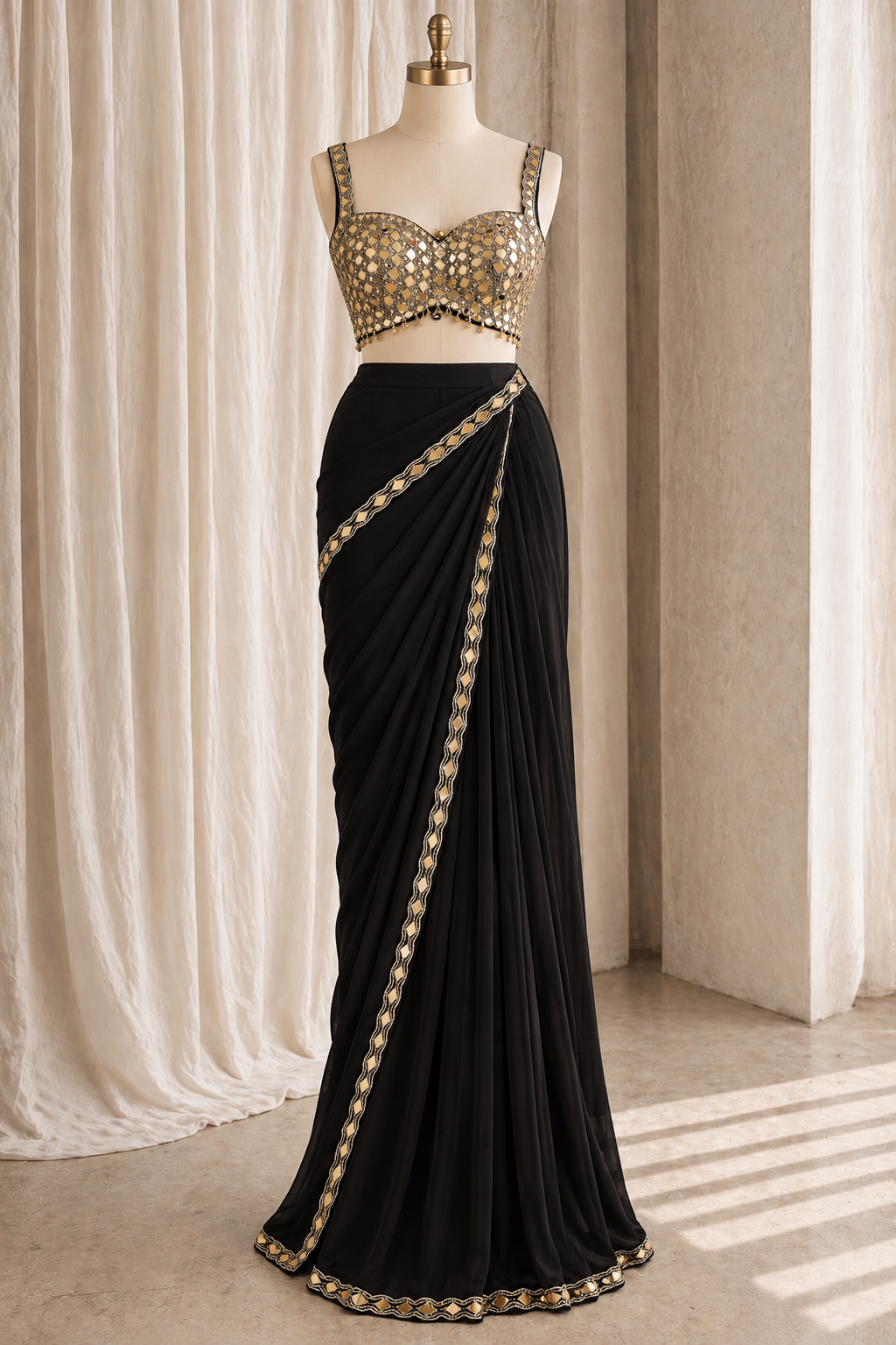 Pretty Chiffon Fabric and Black Color With Mirror Work Ready Choli Saree