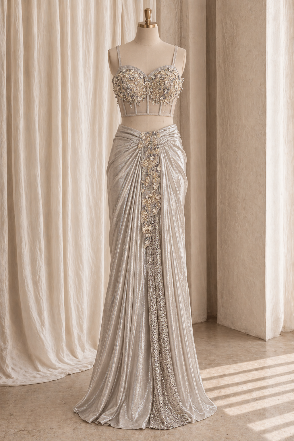 Attractive Lycra Fabric and Silver Color With Moti Work Corset Blouse Ready Choli Saree
