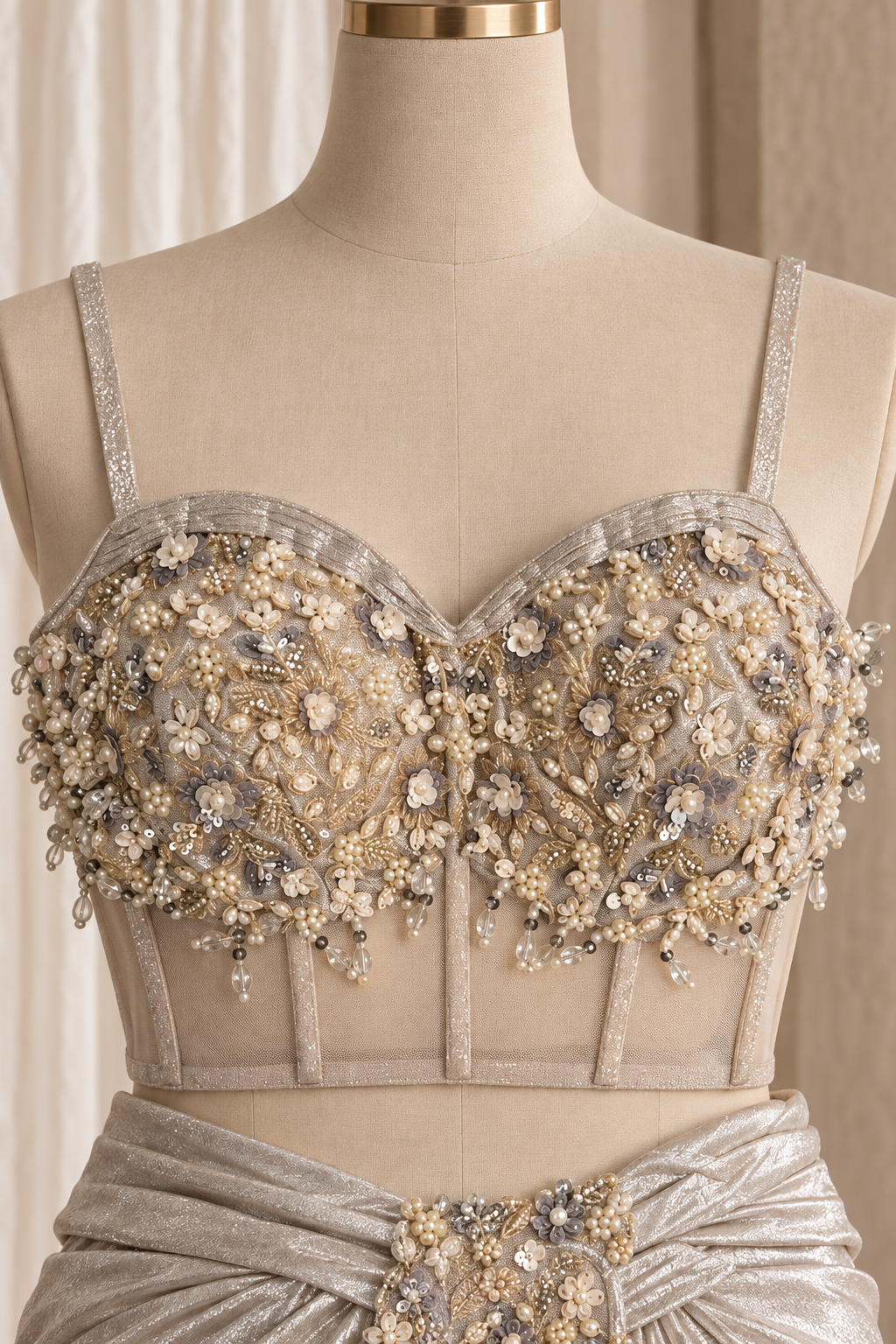 Attractive Lycra Fabric and Silver Color With Moti Work Corset Blouse Ready Choli Saree