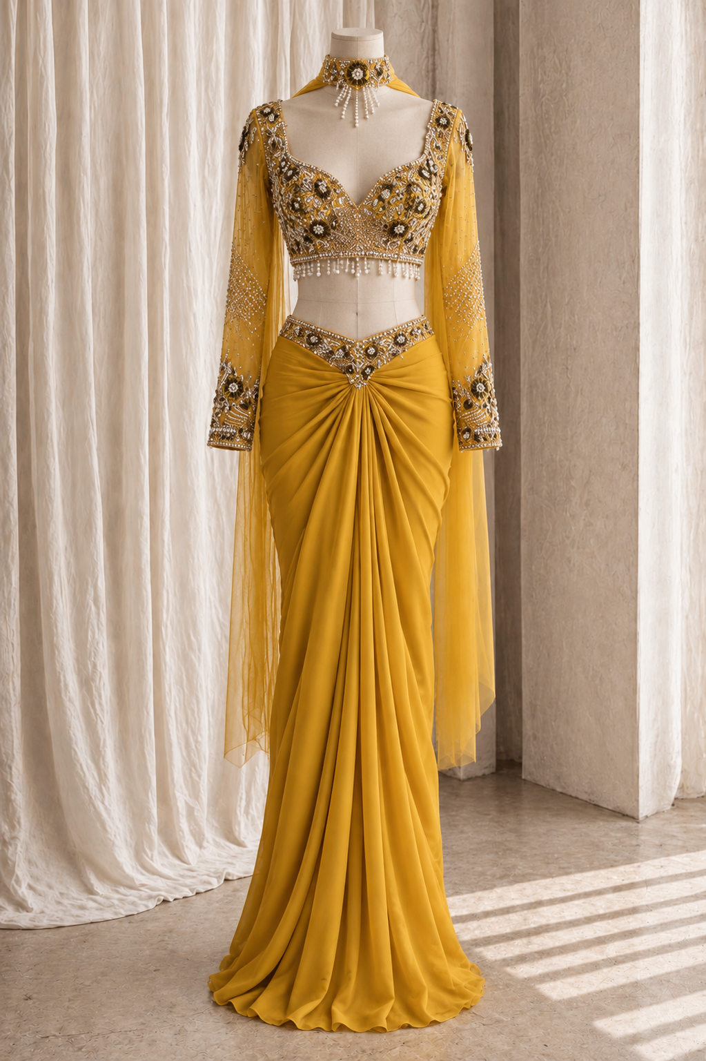 Gorgeous Satin Chiffon Fabric and Yellow Color With Diamond Work Ready Choli Saree