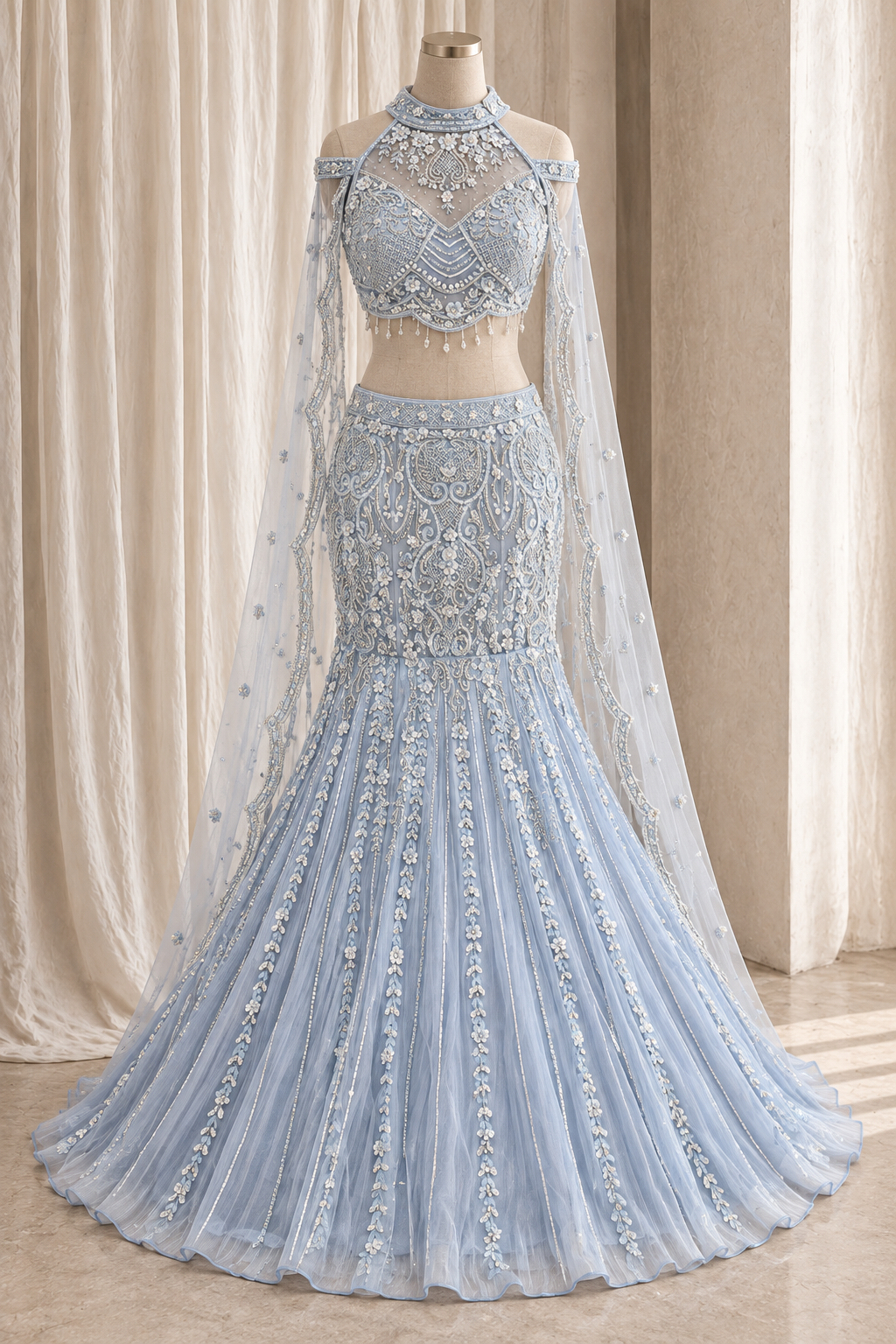 Brilliant Soft Net Fabric and Sky Blue Color With Diamond Work Fish cut Lehenga Choli