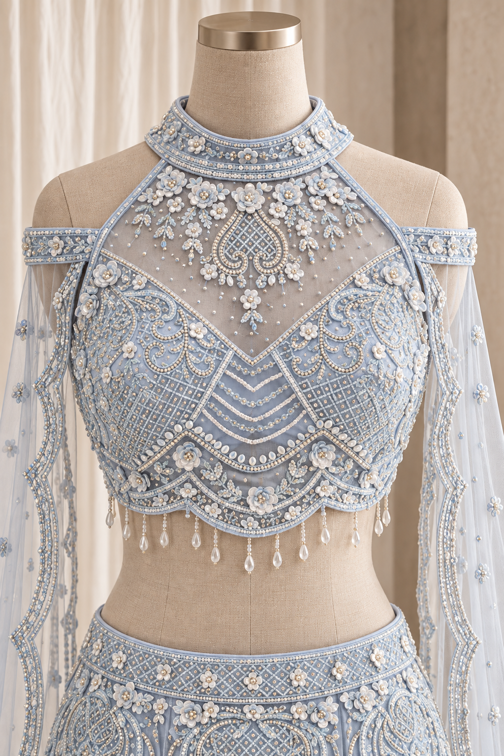 Brilliant Soft Net Fabric and Sky Blue Color With Diamond Work Fish cut Lehenga Choli