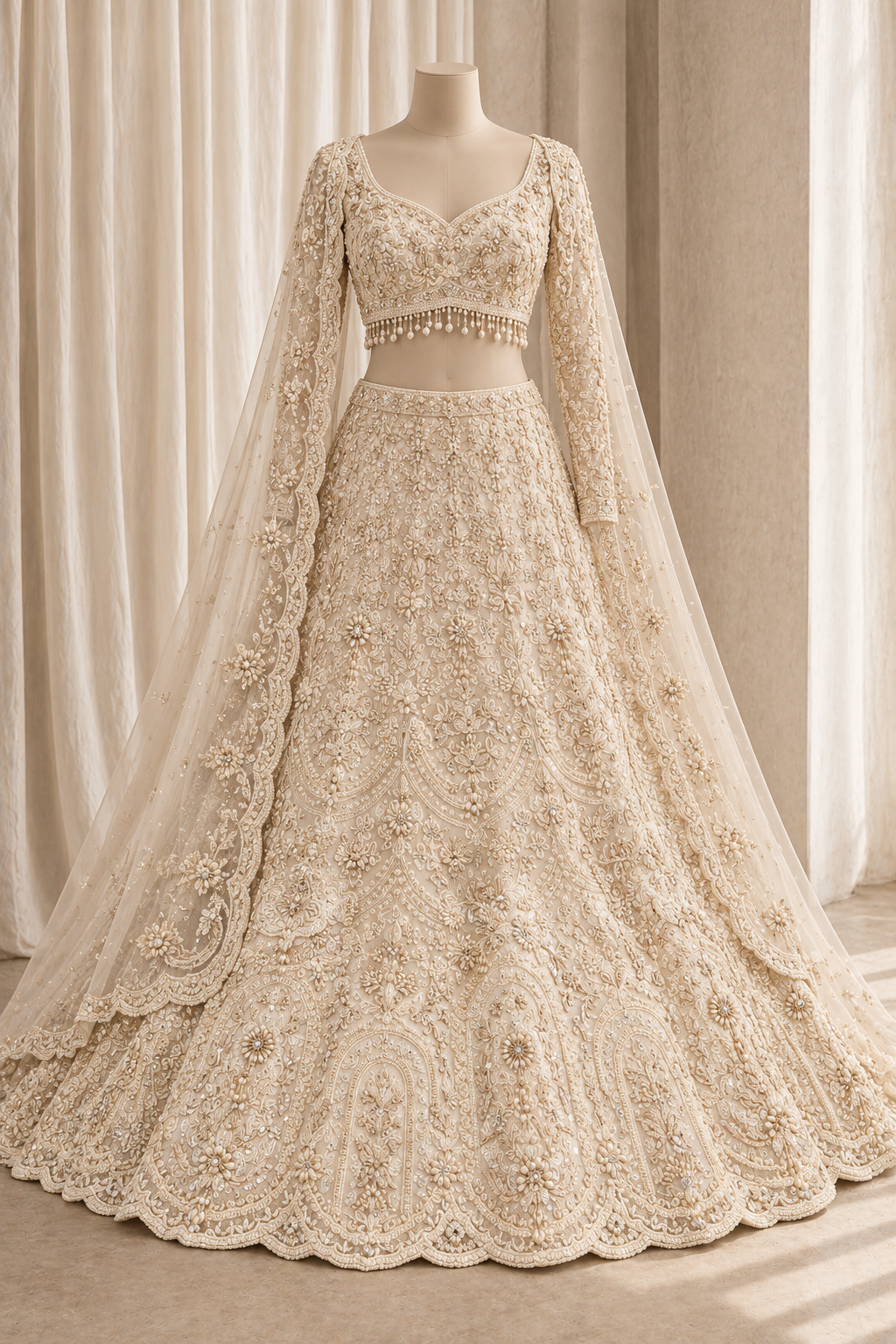 Attractive Soft Net Fabric and Ivory Color With Pearl Work Lehenga Choli