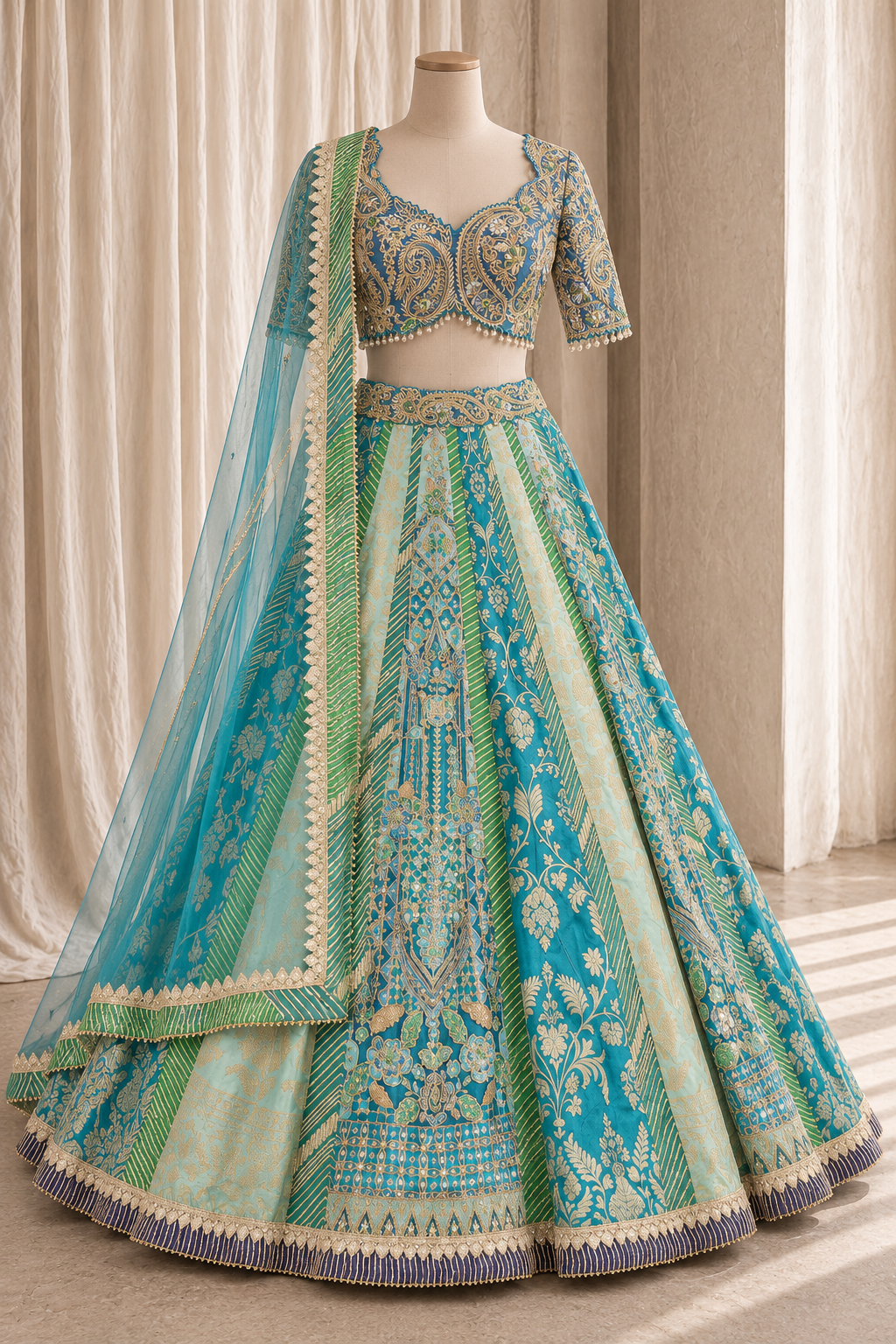Fabulous Banarasi Silk Fabric and Sea Green Color With Weaving Work Lehenga Choli