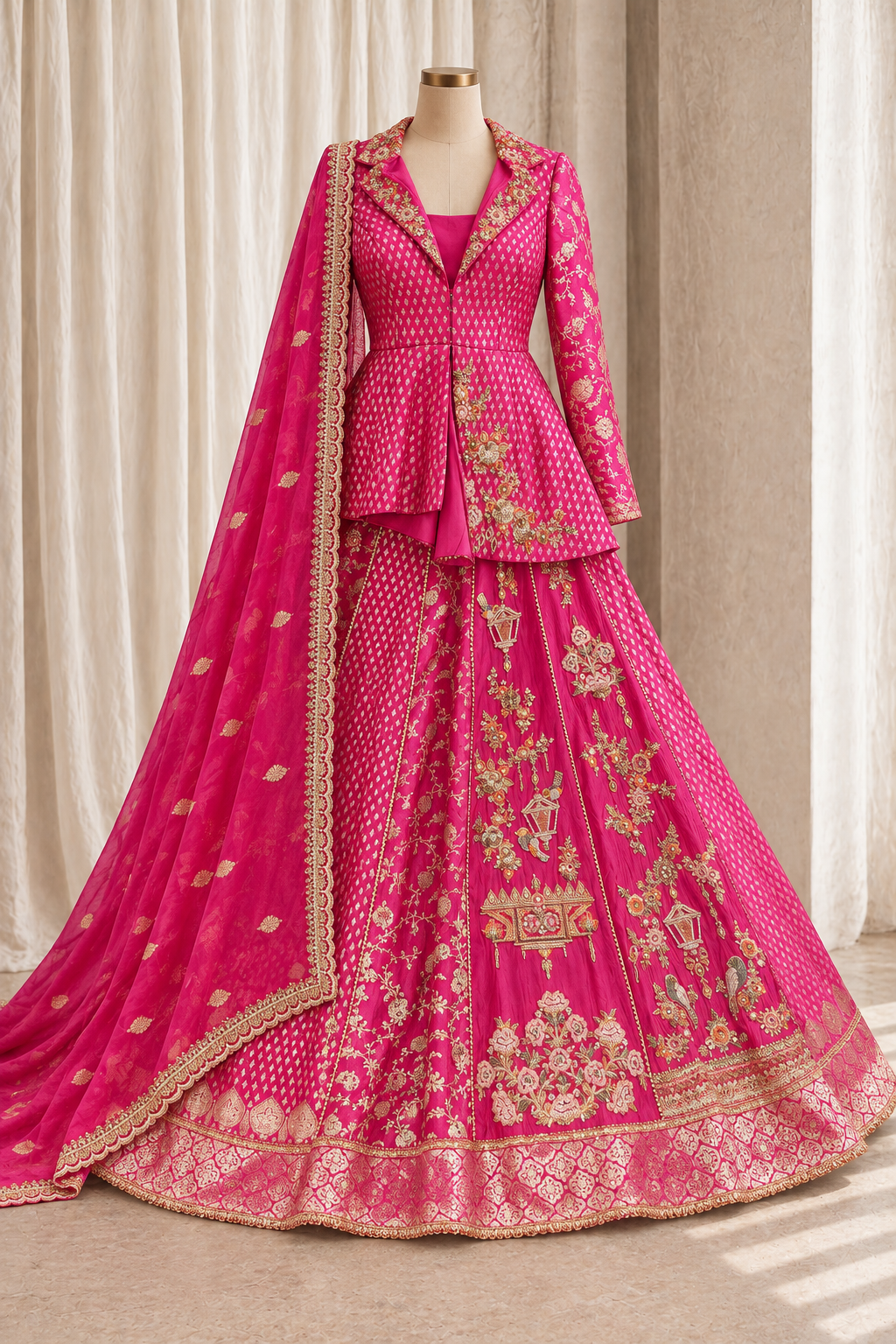 Dazzling Banarasi Silk Fabric and Rani Color With Weaving Work Kediya Top Lehenga Choli