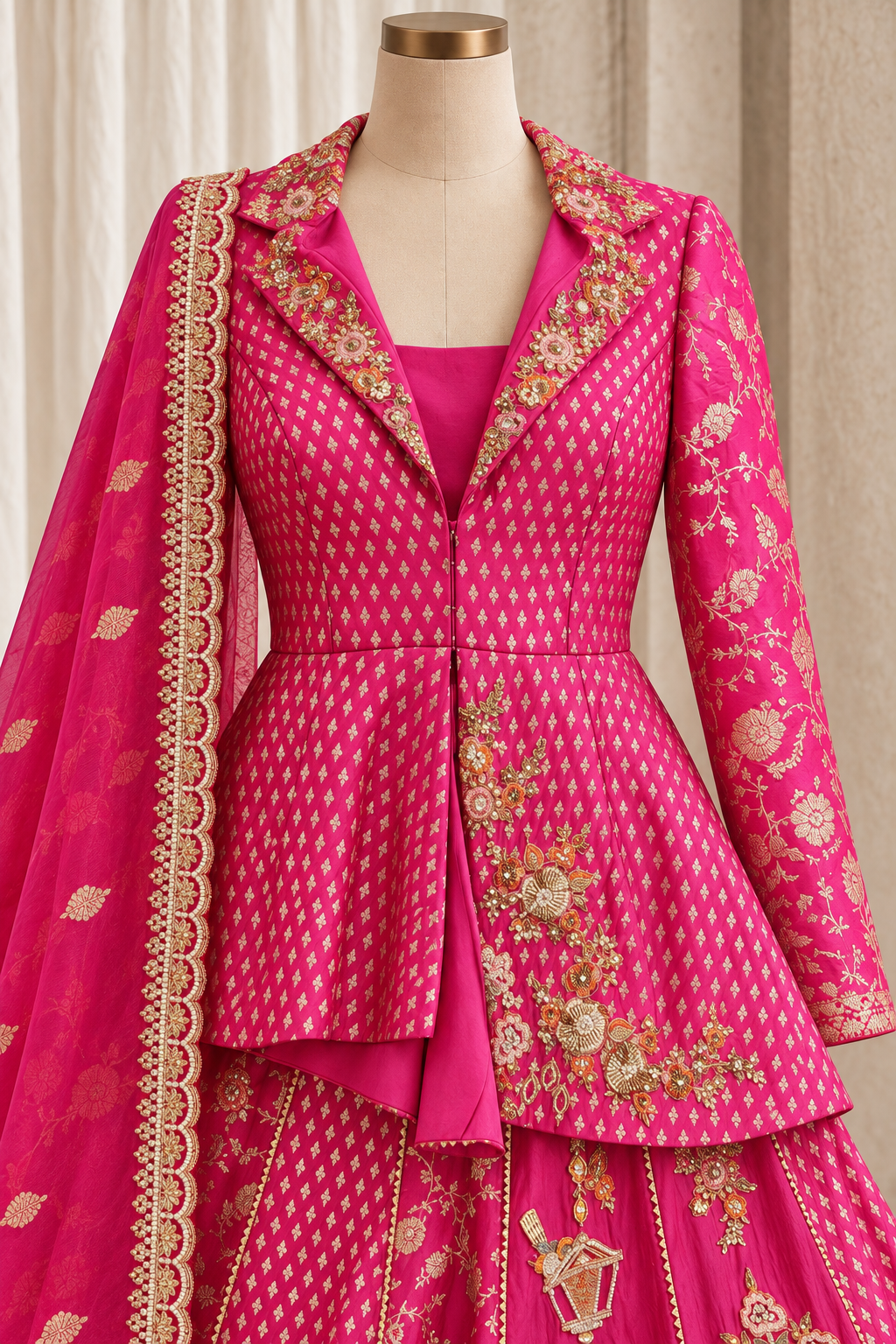 Dazzling Banarasi Silk Fabric and Rani Color With Weaving Work Kediya Top Lehenga Choli