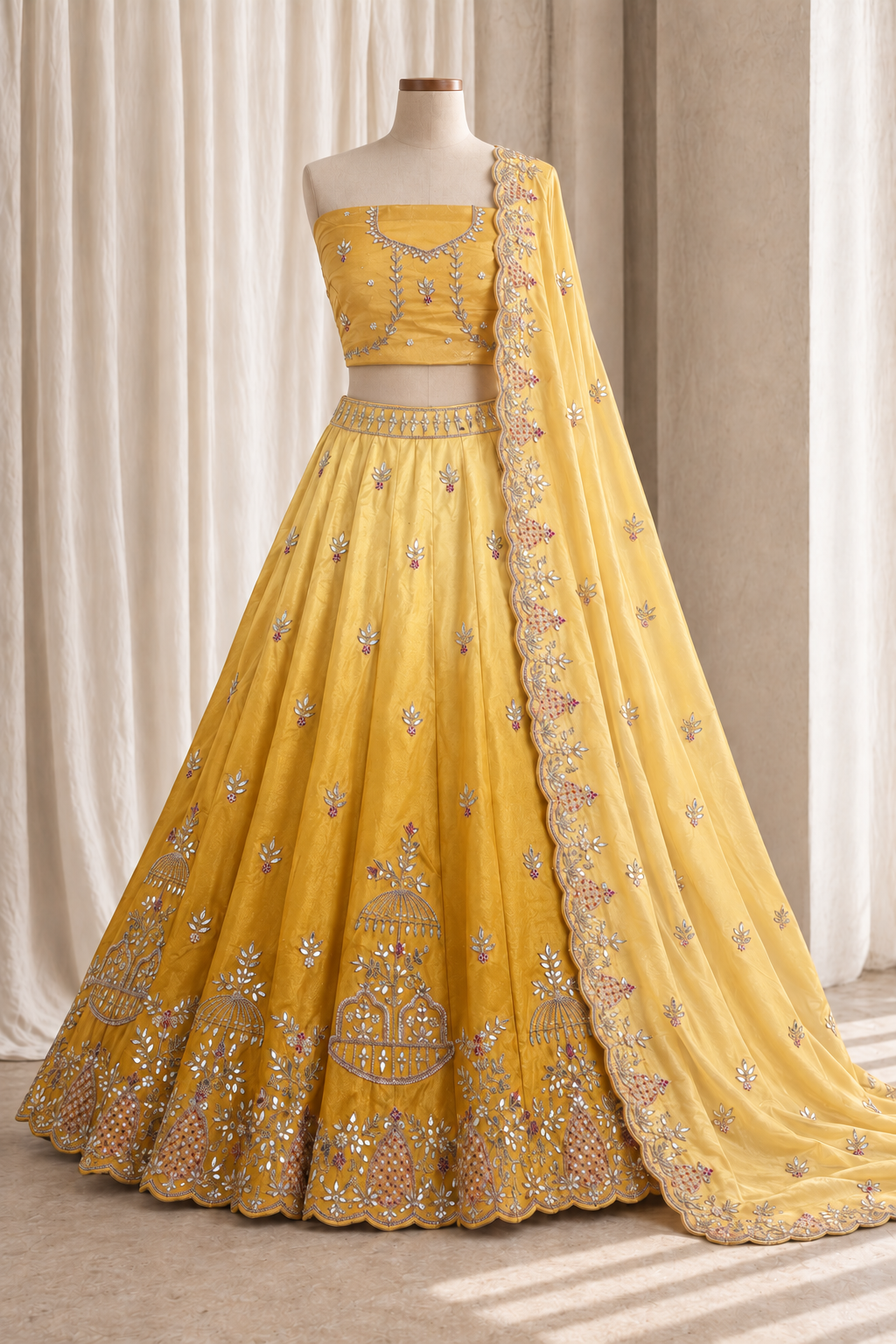 Divine Tissue Silk Fabric and Lemmon Yellow Ombre Shades Color With Gota Patti Work Lehenga Choli