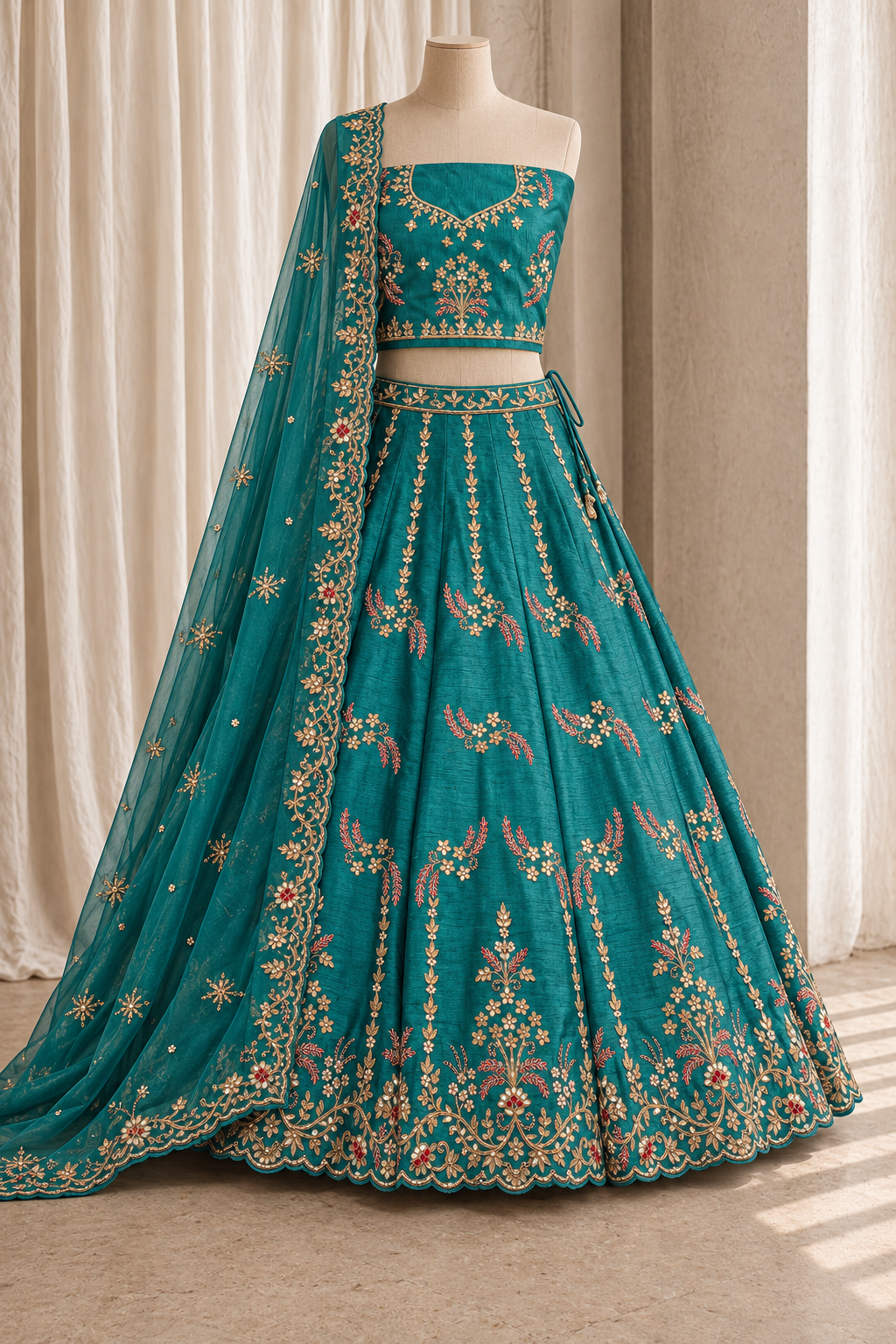Elegant Raw Silk Fabric and Rama Color With Gota Patti Work Lehenga Choli