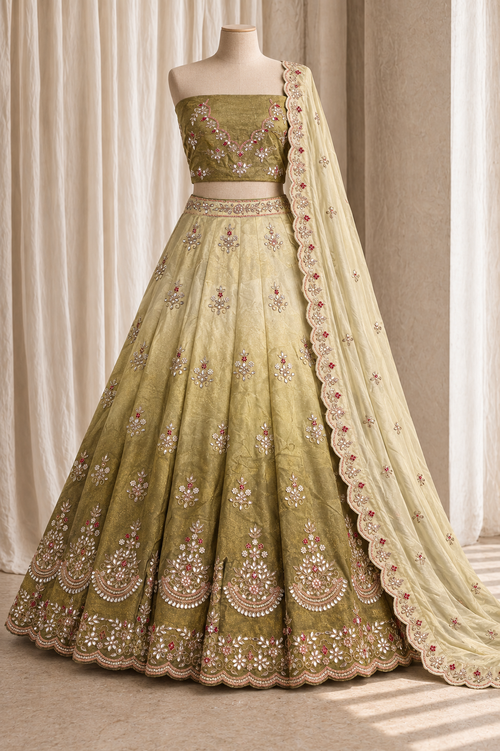 Confident Tissue Silk Fabric and Lime Green Ombre Shades Color With Gota Patti Work Lehenga Choli