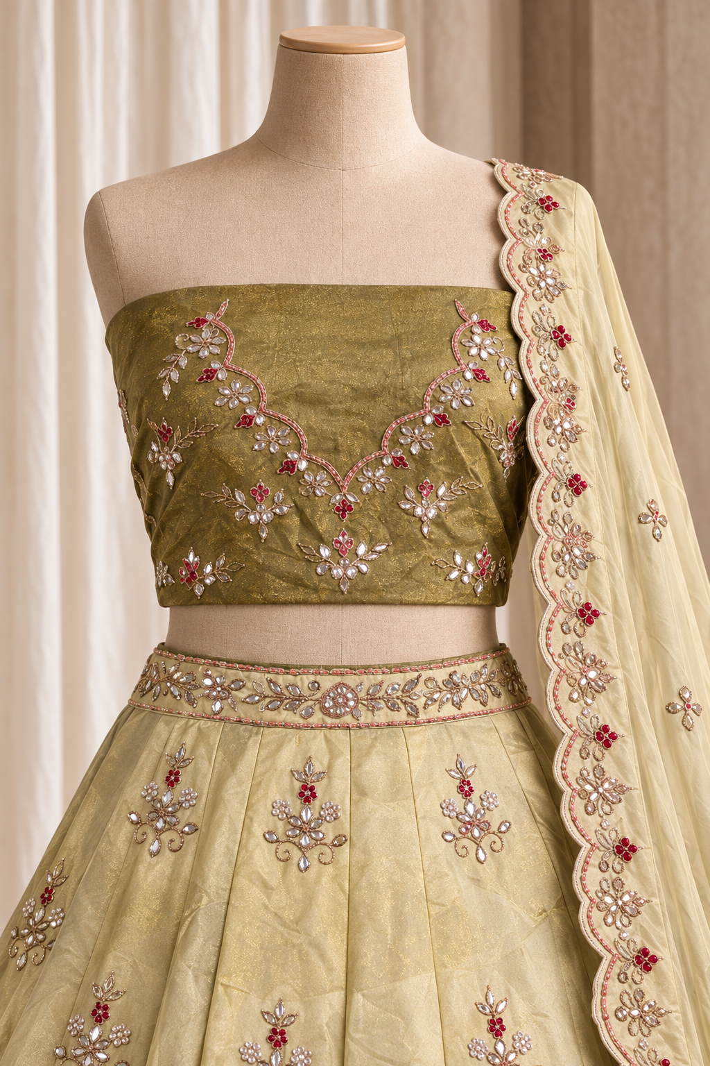 Confident Tissue Silk Fabric and Lime Green Ombre Shades Color With Gota Patti Work Lehenga Choli
