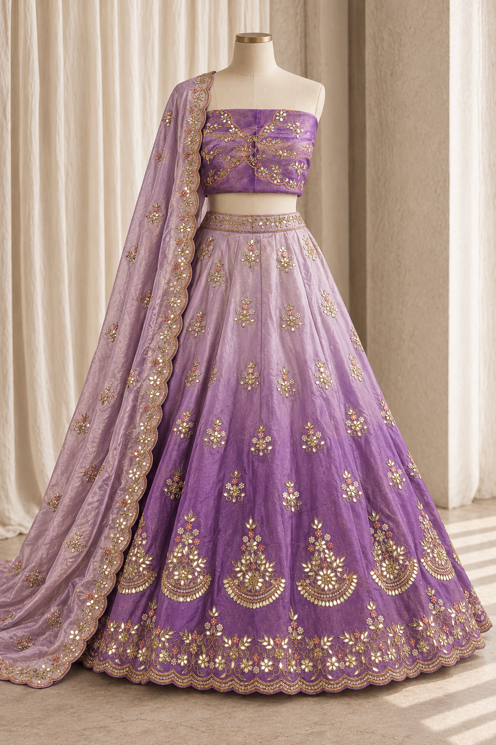 Adorable Tissue Silk Fabric and Lavender Color With Gota Patti Work Lehenga Choli