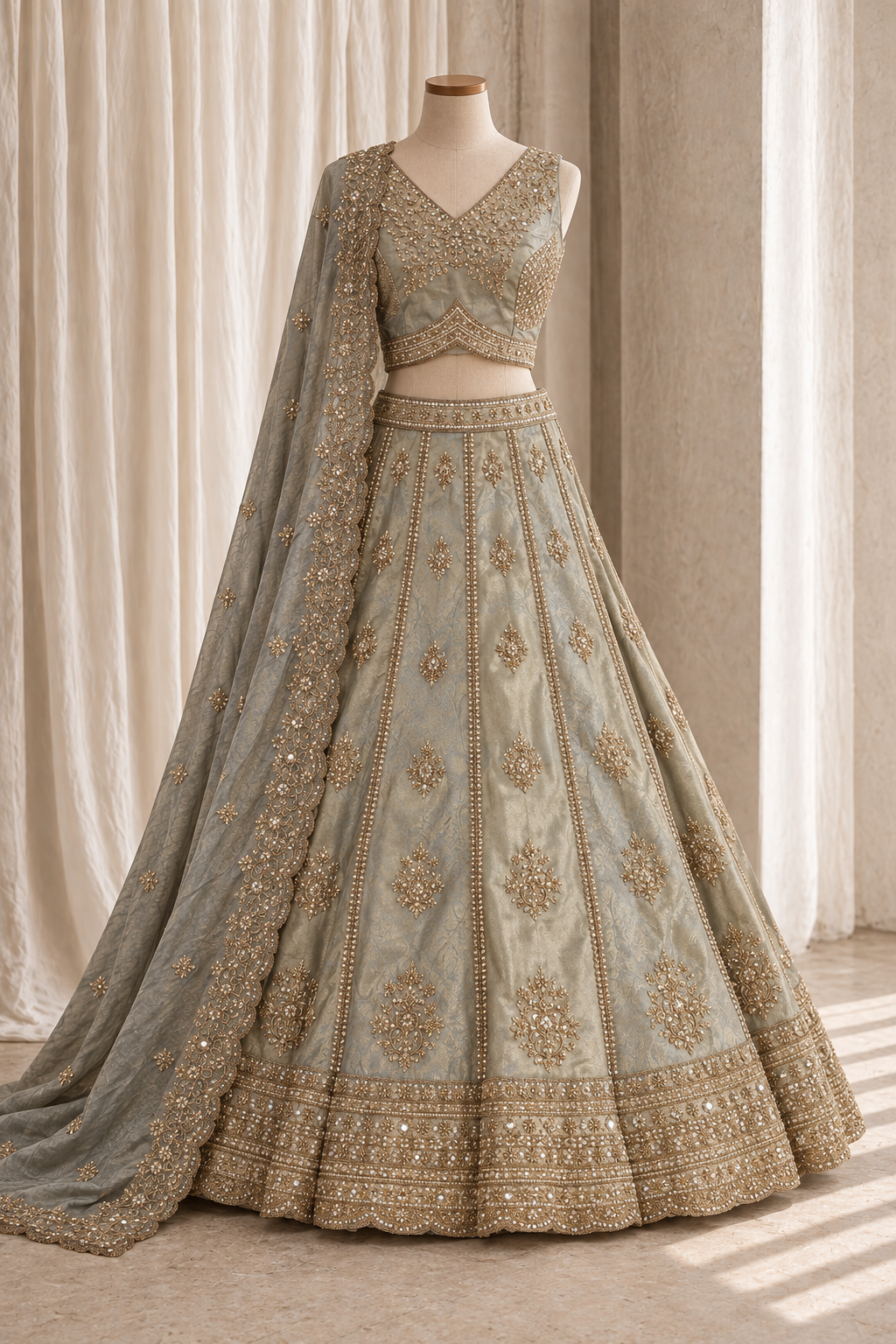 Exceptional Banarasi Tissue Silk Fabric and Pastel Green Color With Cutdana Work Lehenga Choli