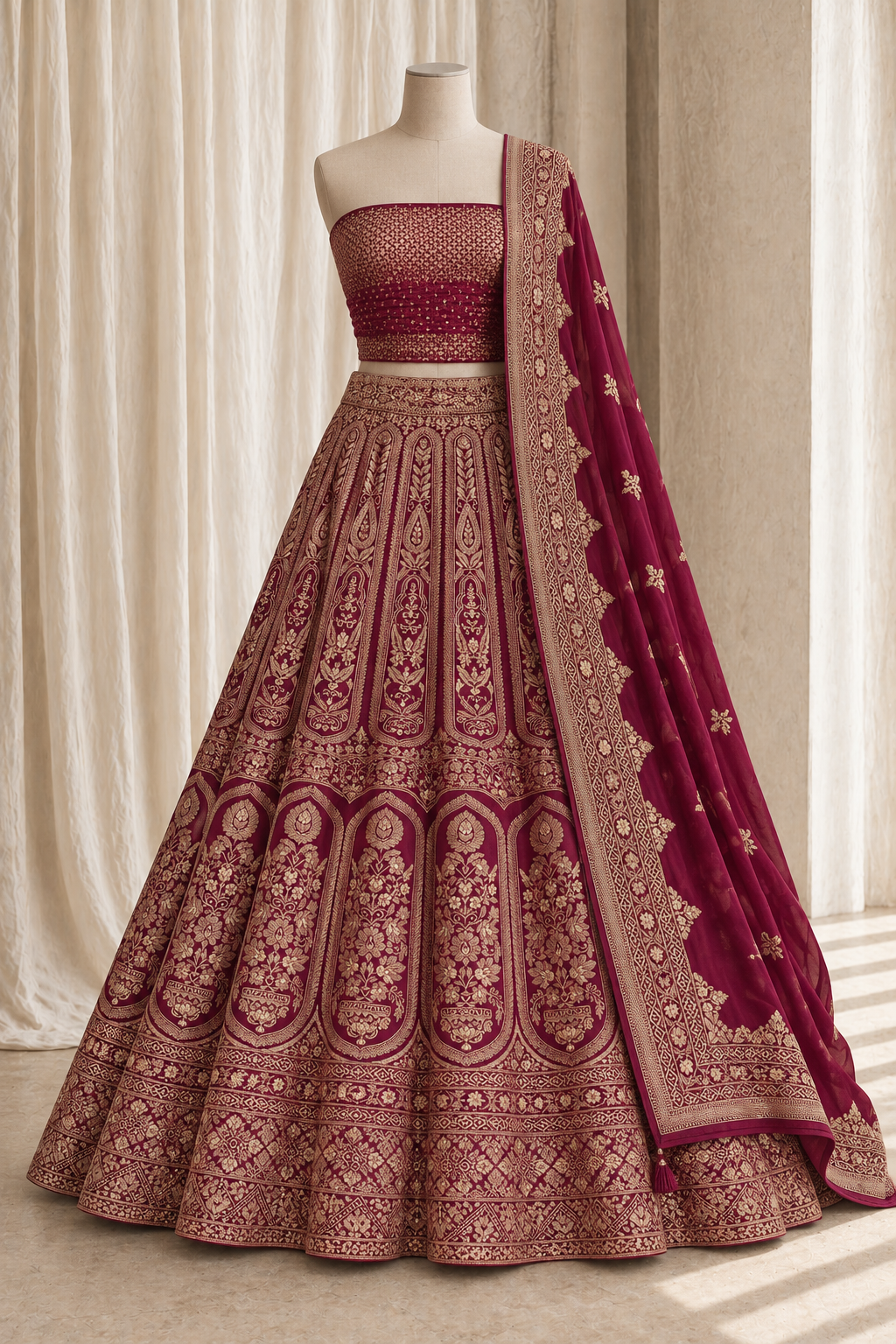 Paradise Banarasi Silk Fabric and Wine Color With Weaving Print Work Lehenga Choli