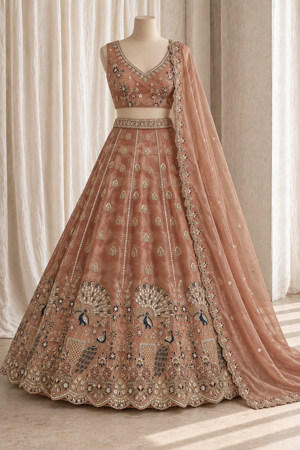 Sweeter Organza Silk Fabric and Peach Color With Thread Work Lehenga Choli