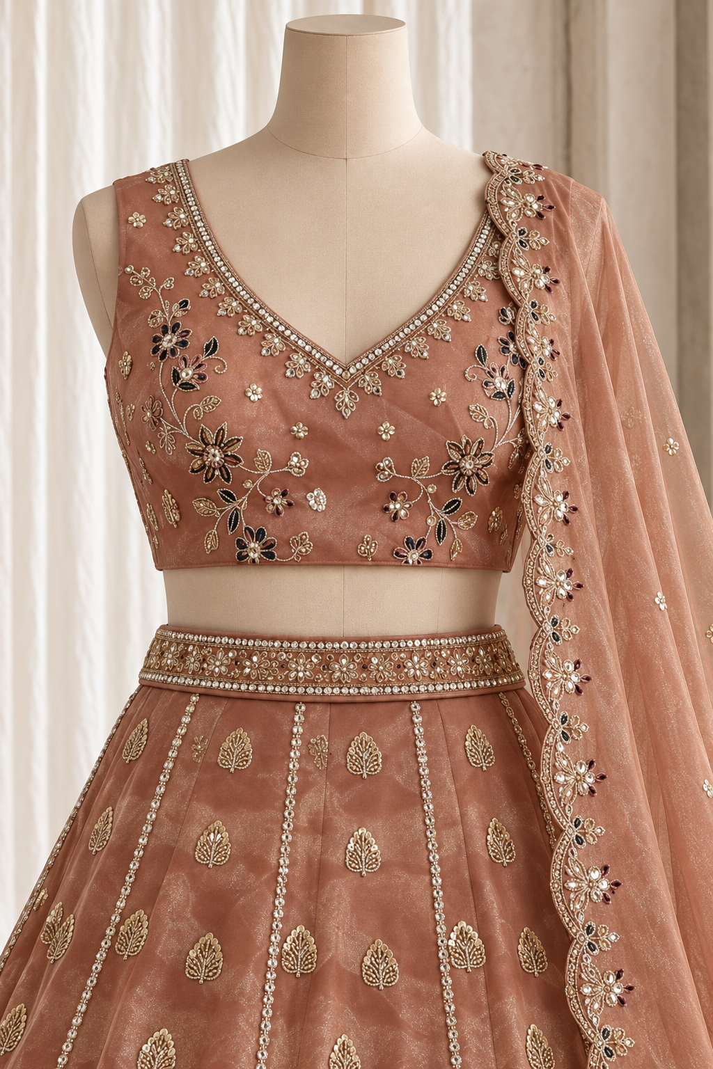 Sweeter Organza Silk Fabric and Peach Color With Thread Work Lehenga Choli