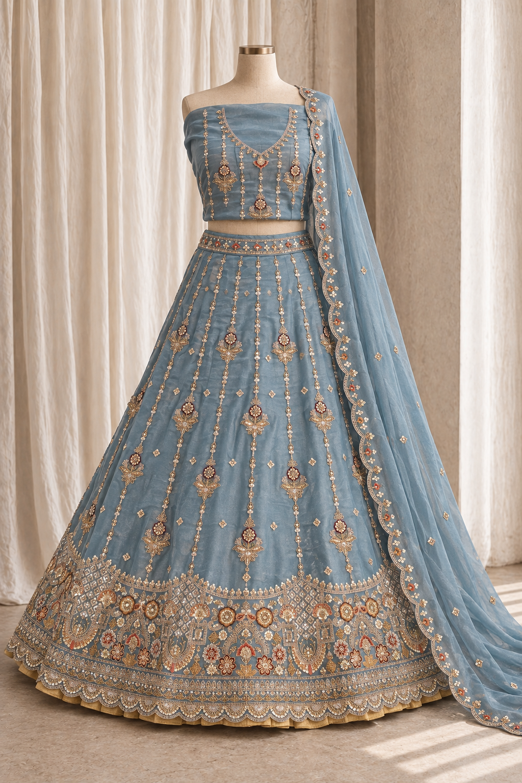 Heaven Organza Silk Fabric and Sky Blue Color With Moti Work Lehenga Choli