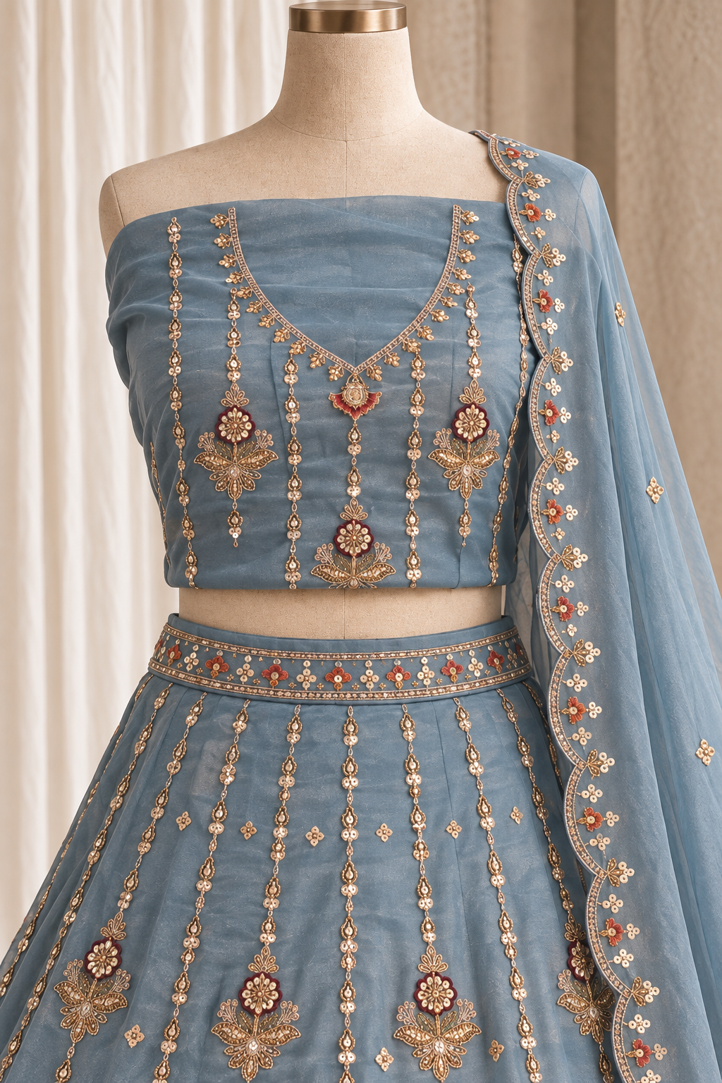 Heaven Organza Silk Fabric and Sky Blue Color With Moti Work Lehenga Choli