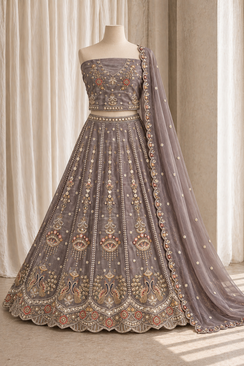 Pretty Organza Fabric and Grey Color With Cutdana Thread Work Lehenga Choli