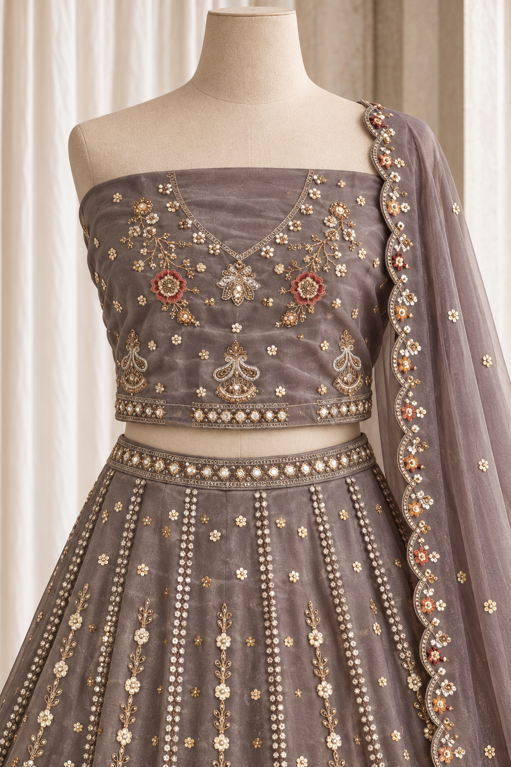 Pretty Organza Fabric and Grey Color With Cutdana Thread Work Lehenga Choli